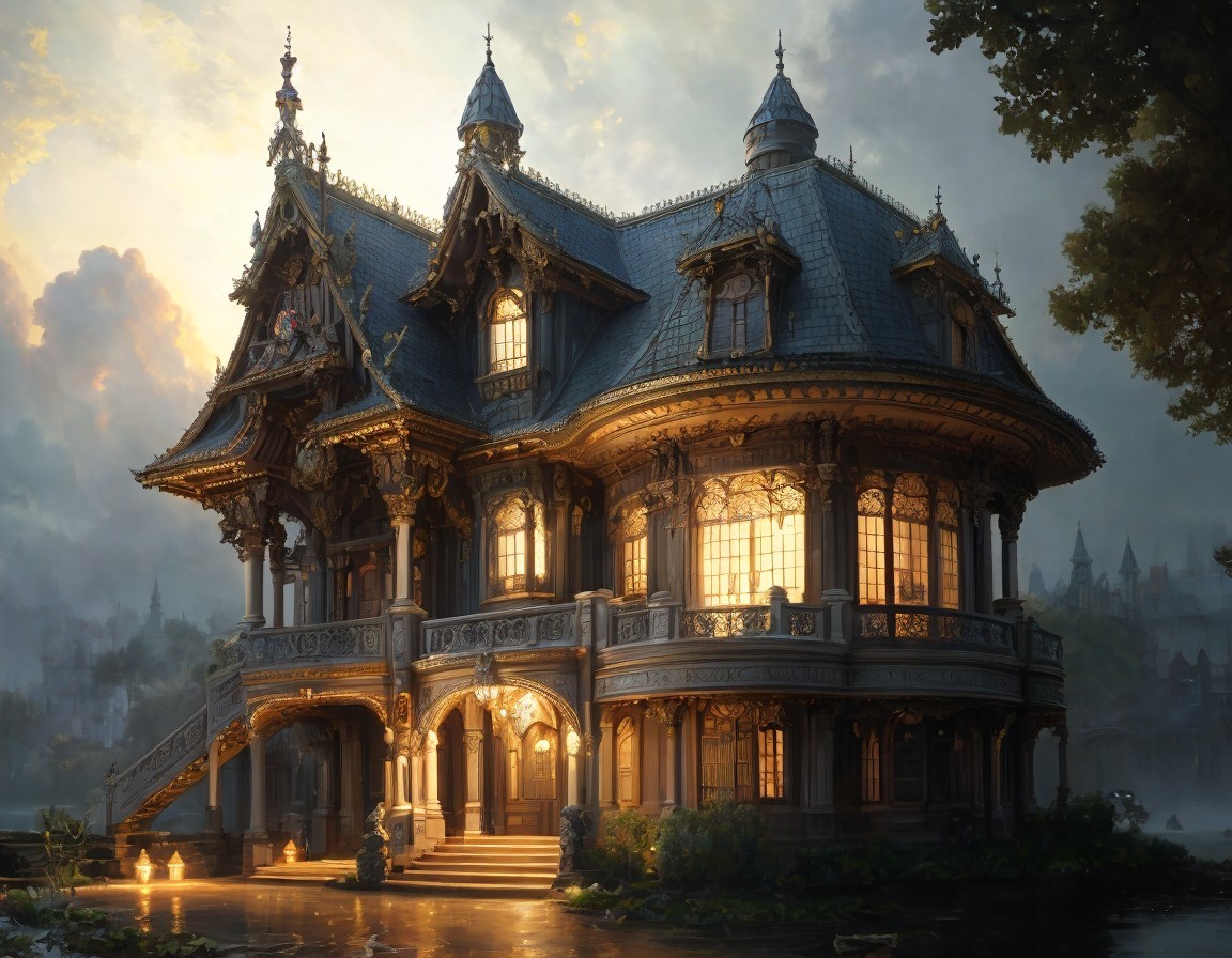Ornate mansion with intricate architecture at dusk