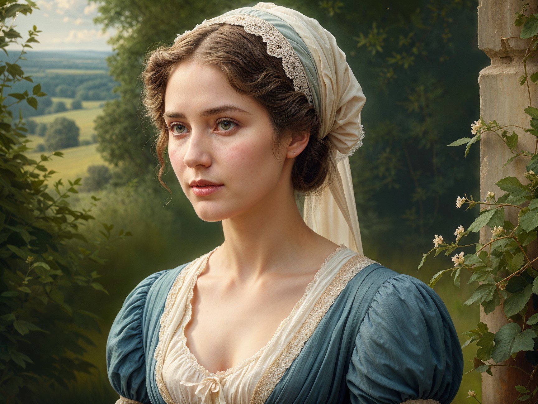 Young woman in blue dress amidst lush greenery