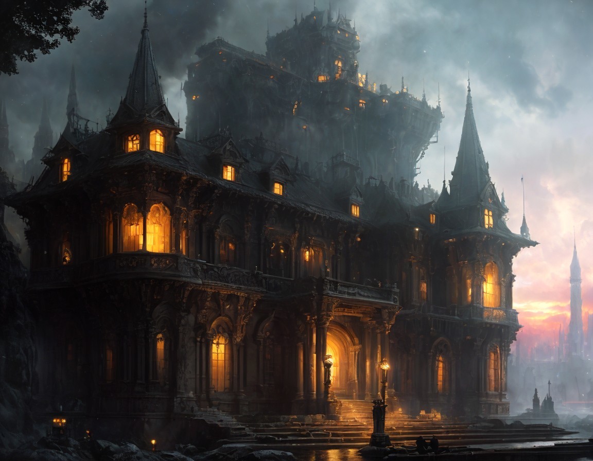 Gothic castle at dusk with glowing windows in misty landscape