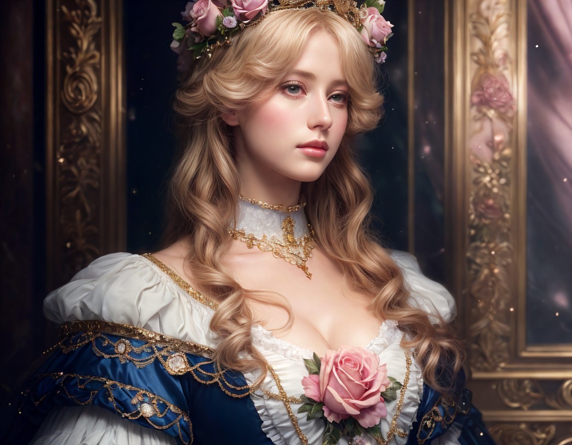 Elegant Woman in Blue and Gold Victorian Dress