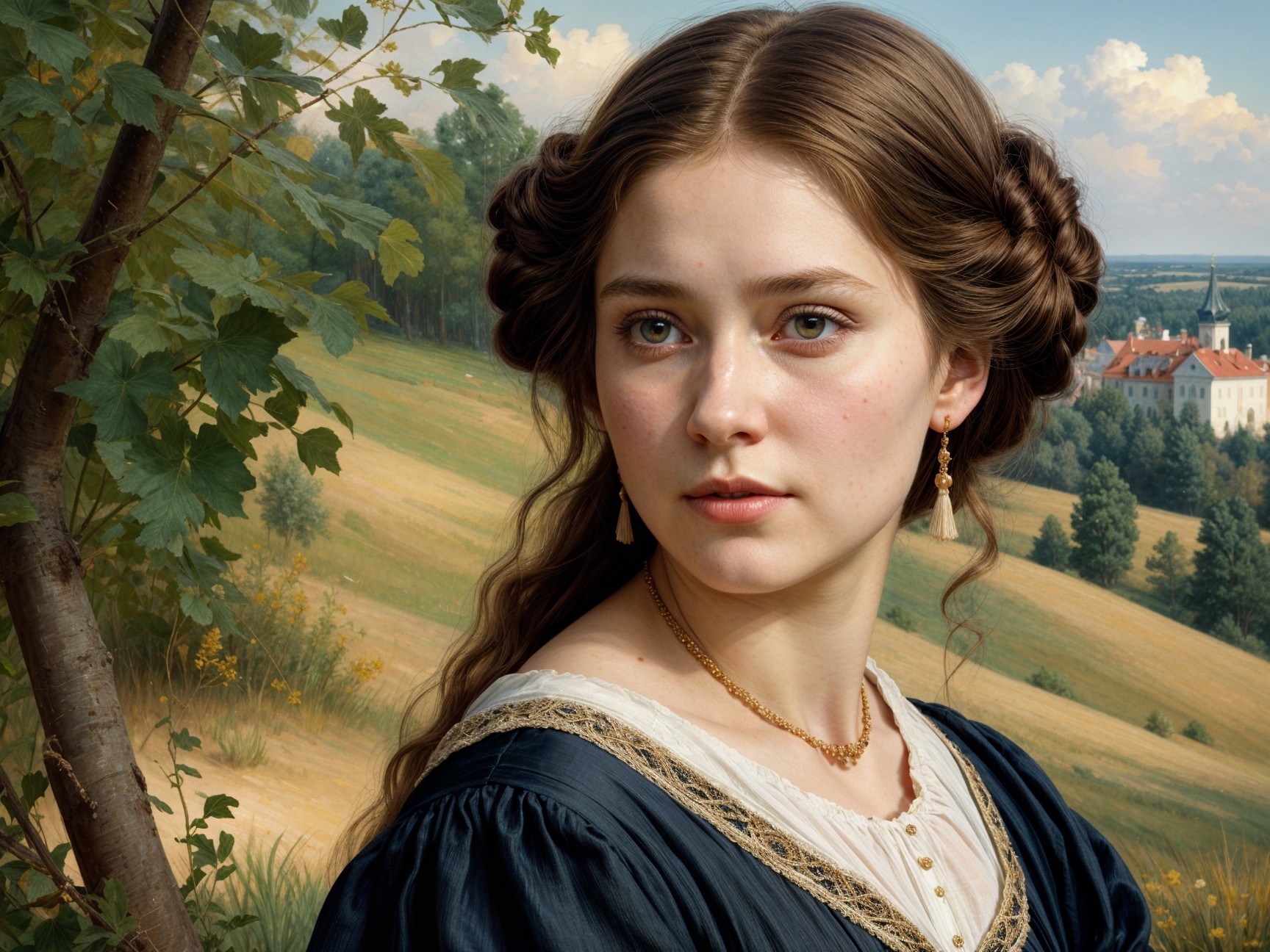 Young woman in dark dress against serene countryside