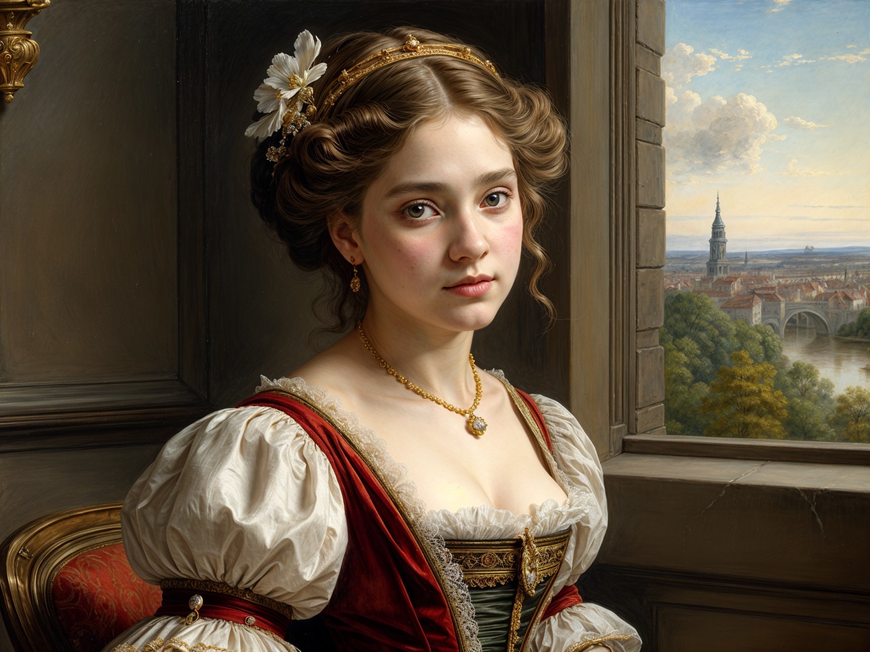 Young Woman in Historical Attire in Grand Interior