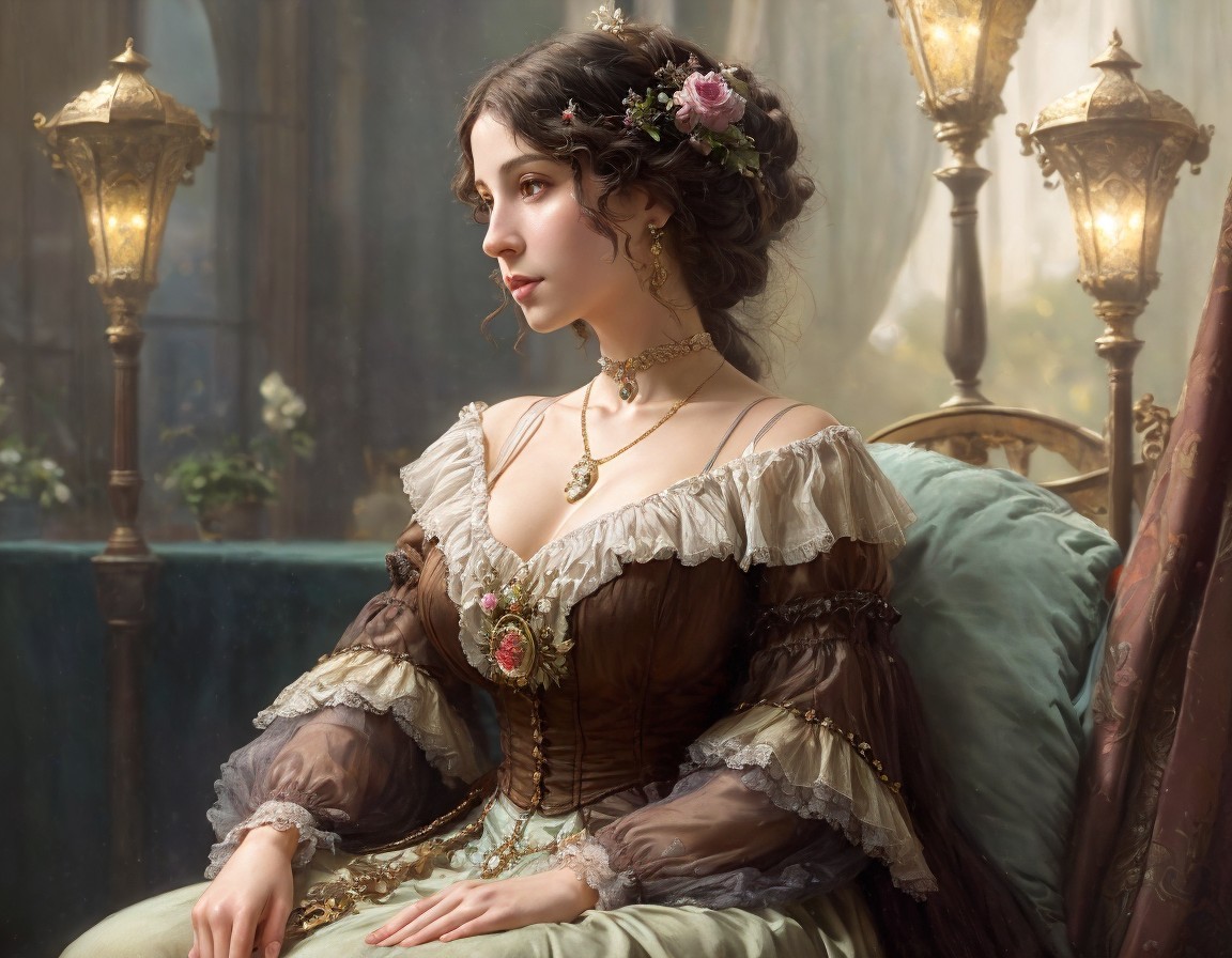 Elegant young woman in historical gown with floral details