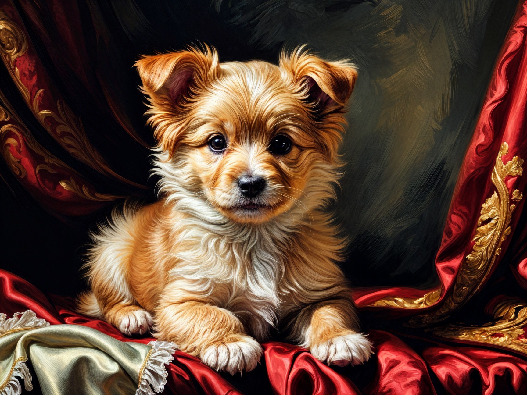 Fluffy Golden-Brown Puppy on Luxurious Fabric