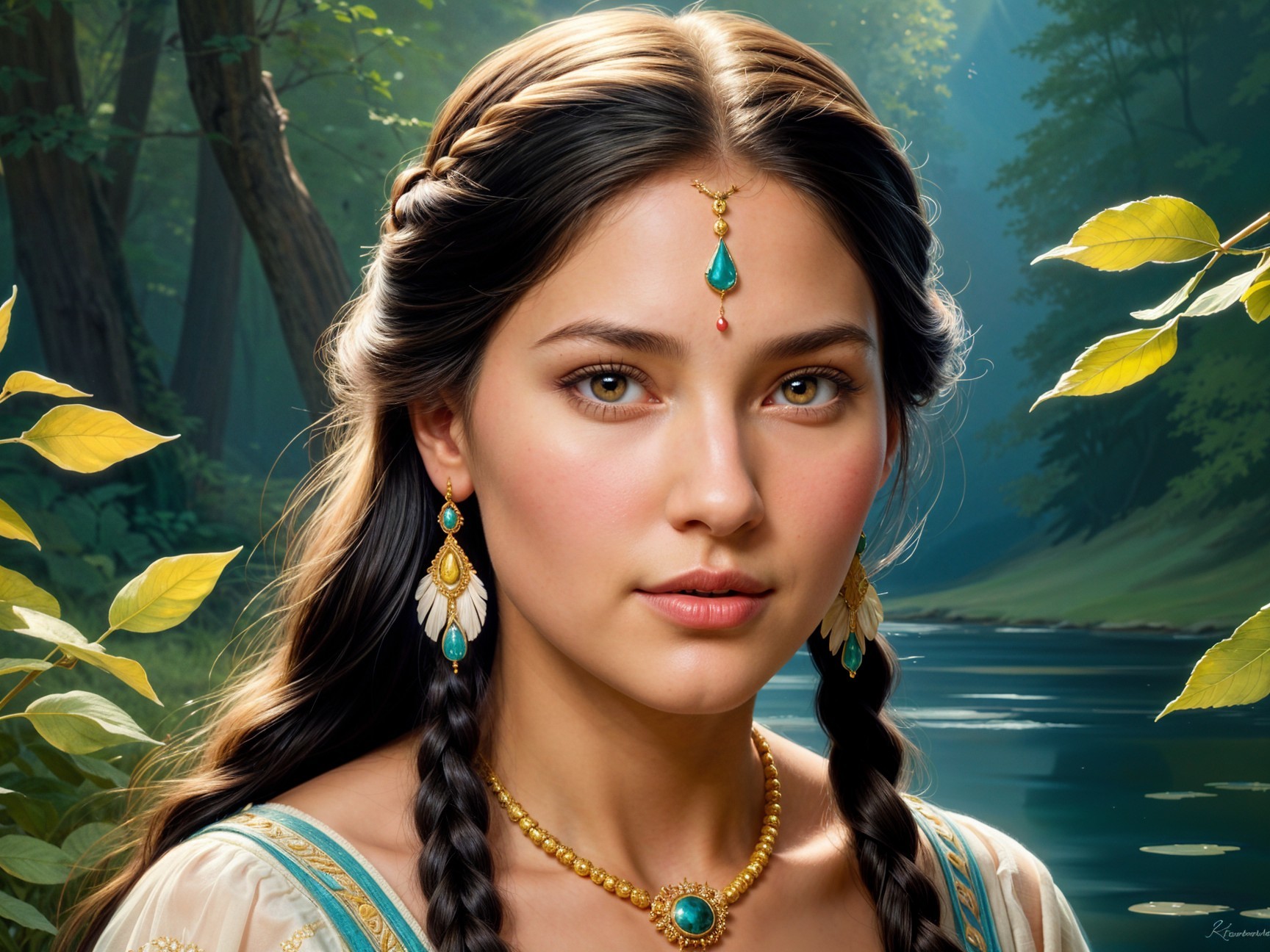 Young woman in braids with ornate jewelry in forest