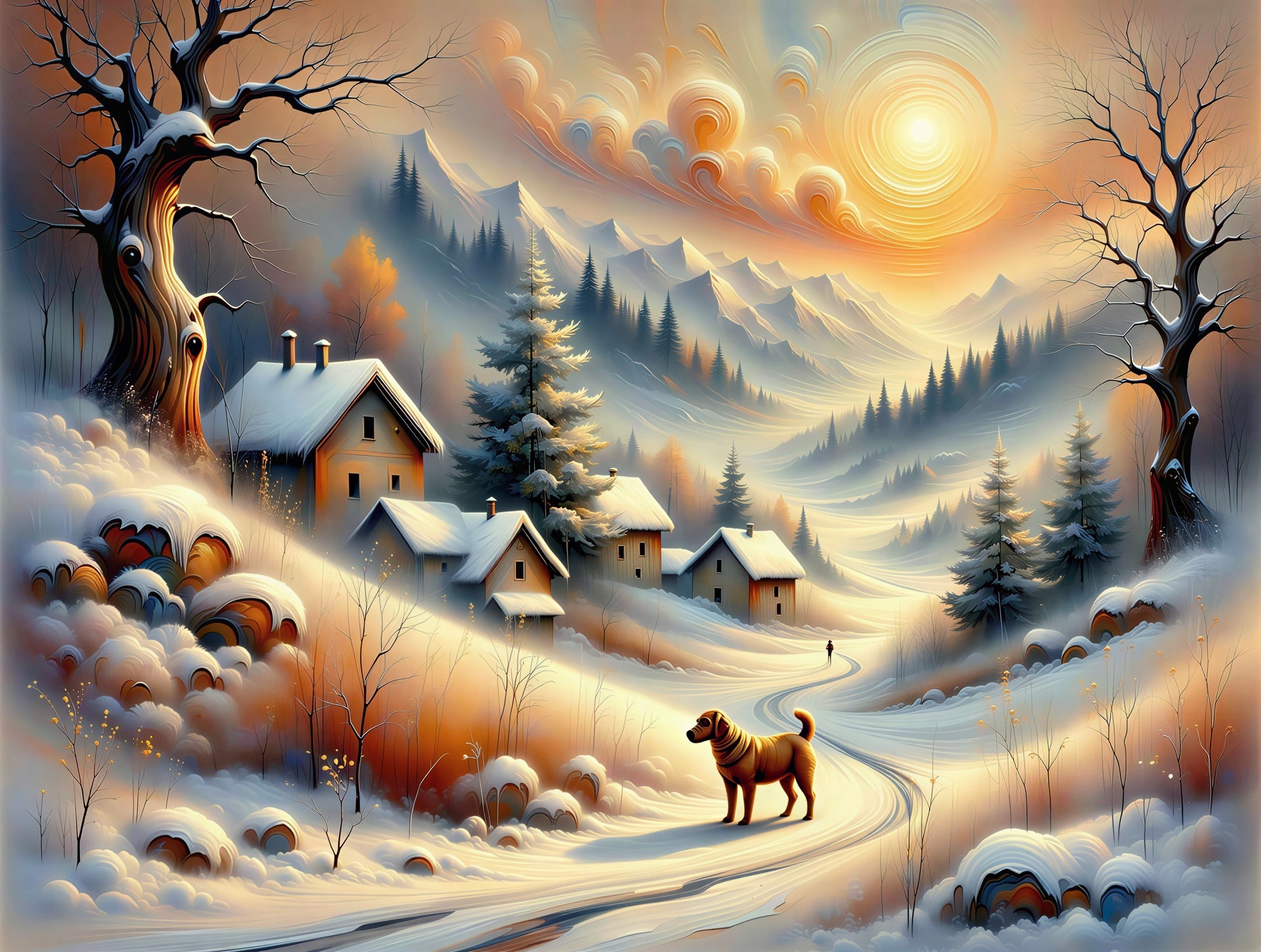 Winter Mountain Village at Sunrise with Snowy Landscape