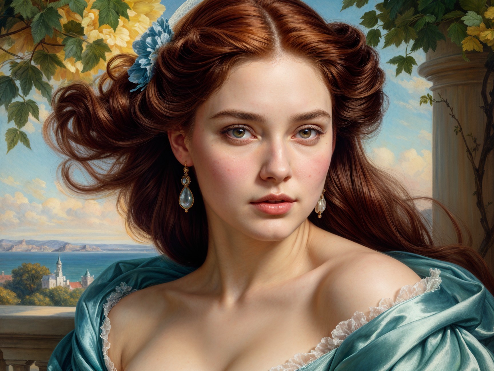 Young woman in blue gown with serene landscape backdrop