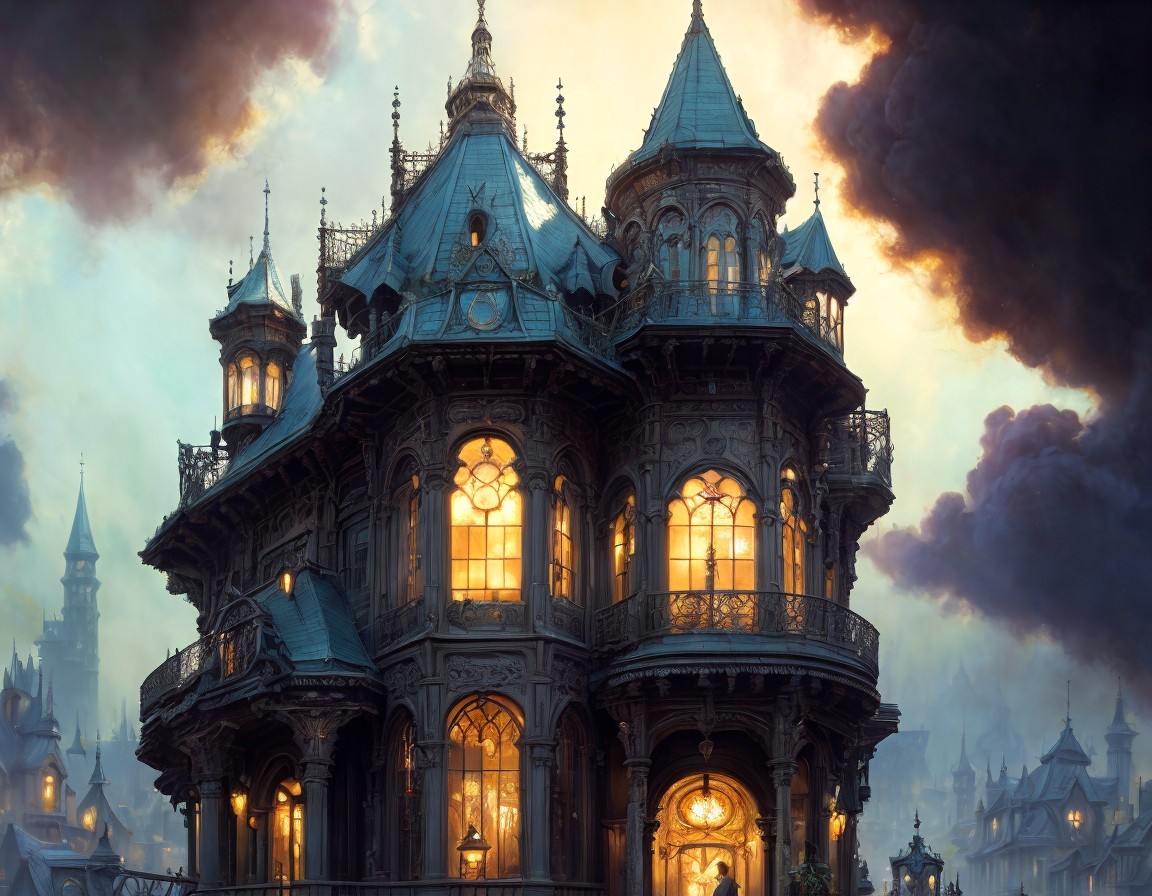 Victorian Mansion with Spires and Illuminated Windows