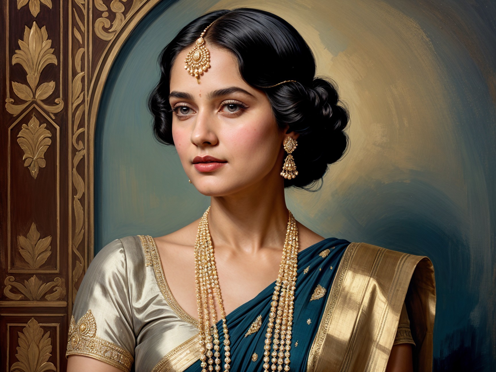 Traditional Portrait of Woman in Blue Saree and Jewelry