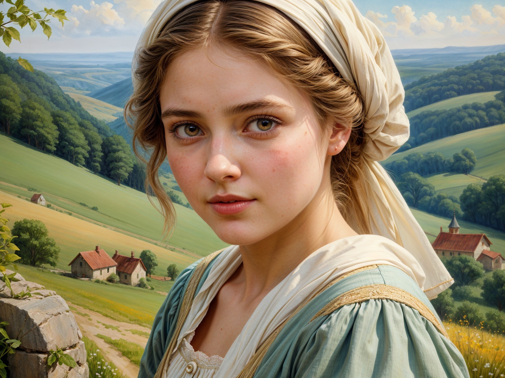 Young Woman in Light Dress Against Green Landscape
