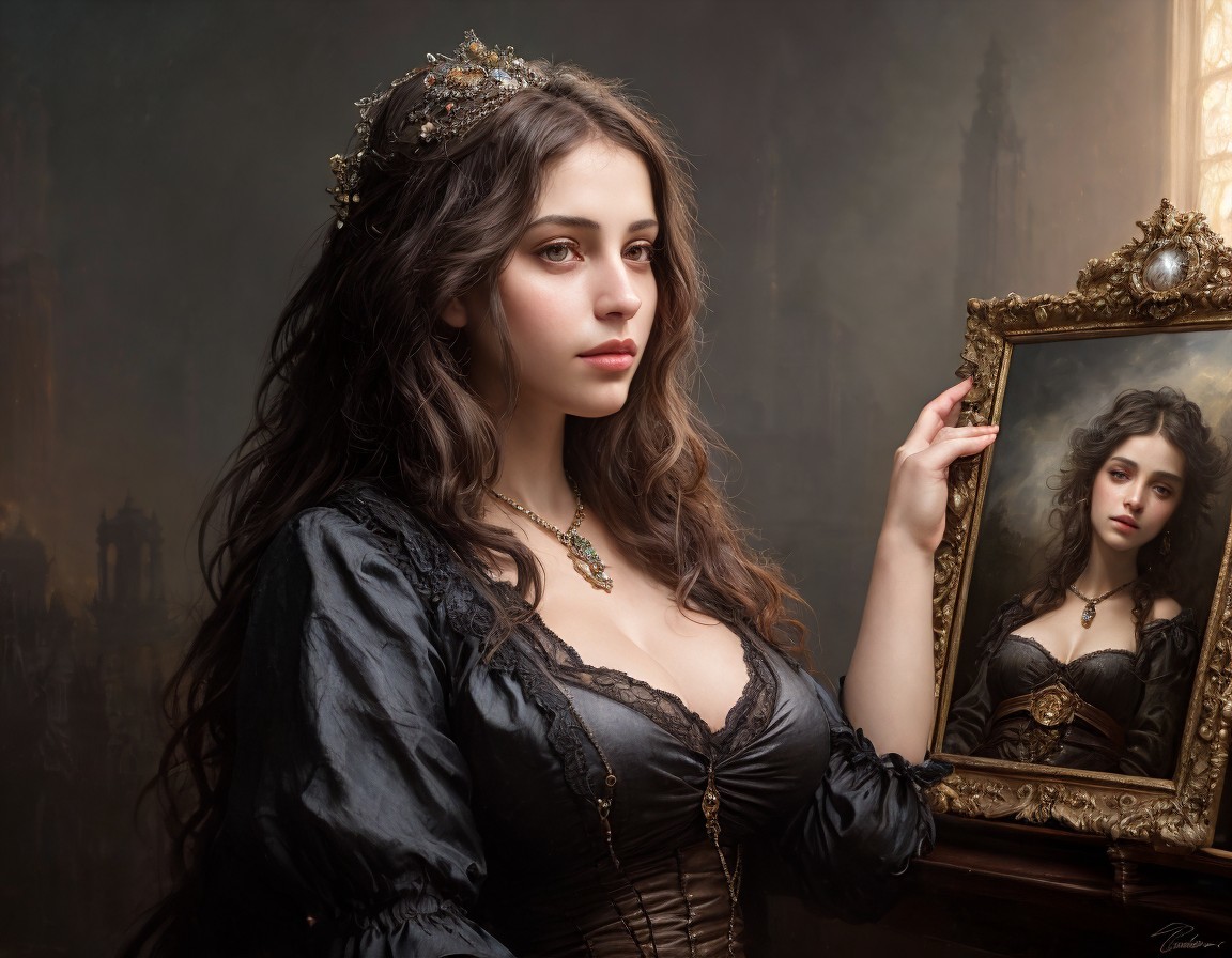 Woman in black period dress with crown posing next to mirror in grand architectural setting