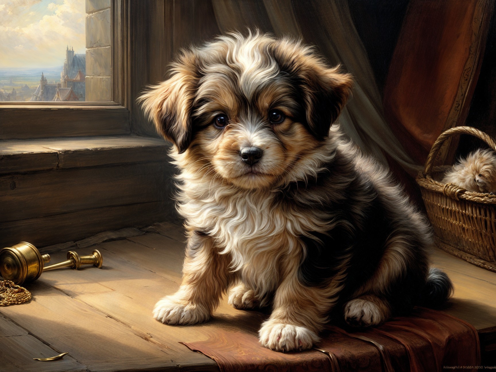 Fluffy Puppy in Cozy Rustic Setting with Sunlight