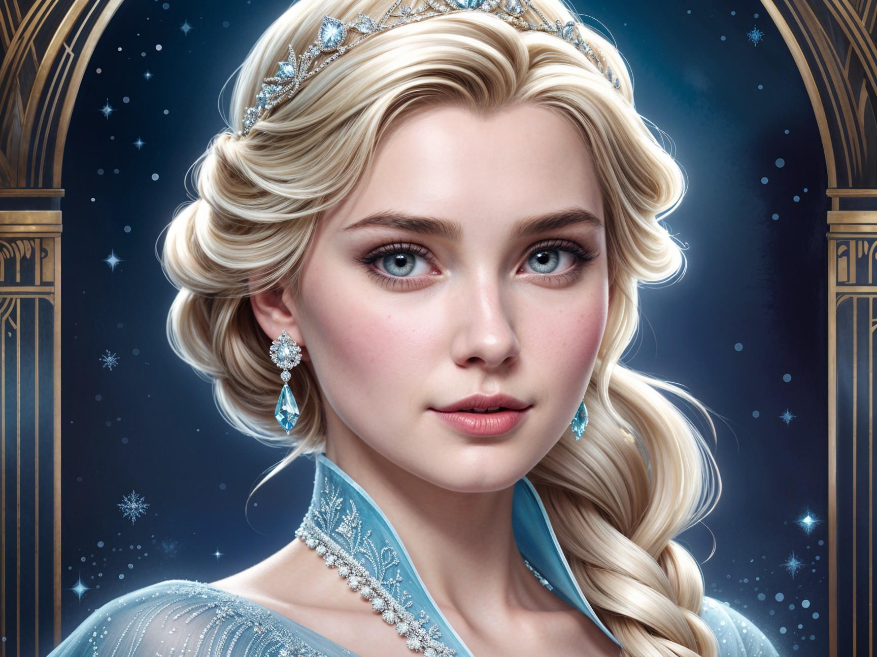 Majestic figure in blue gown with tiara and snowflakes