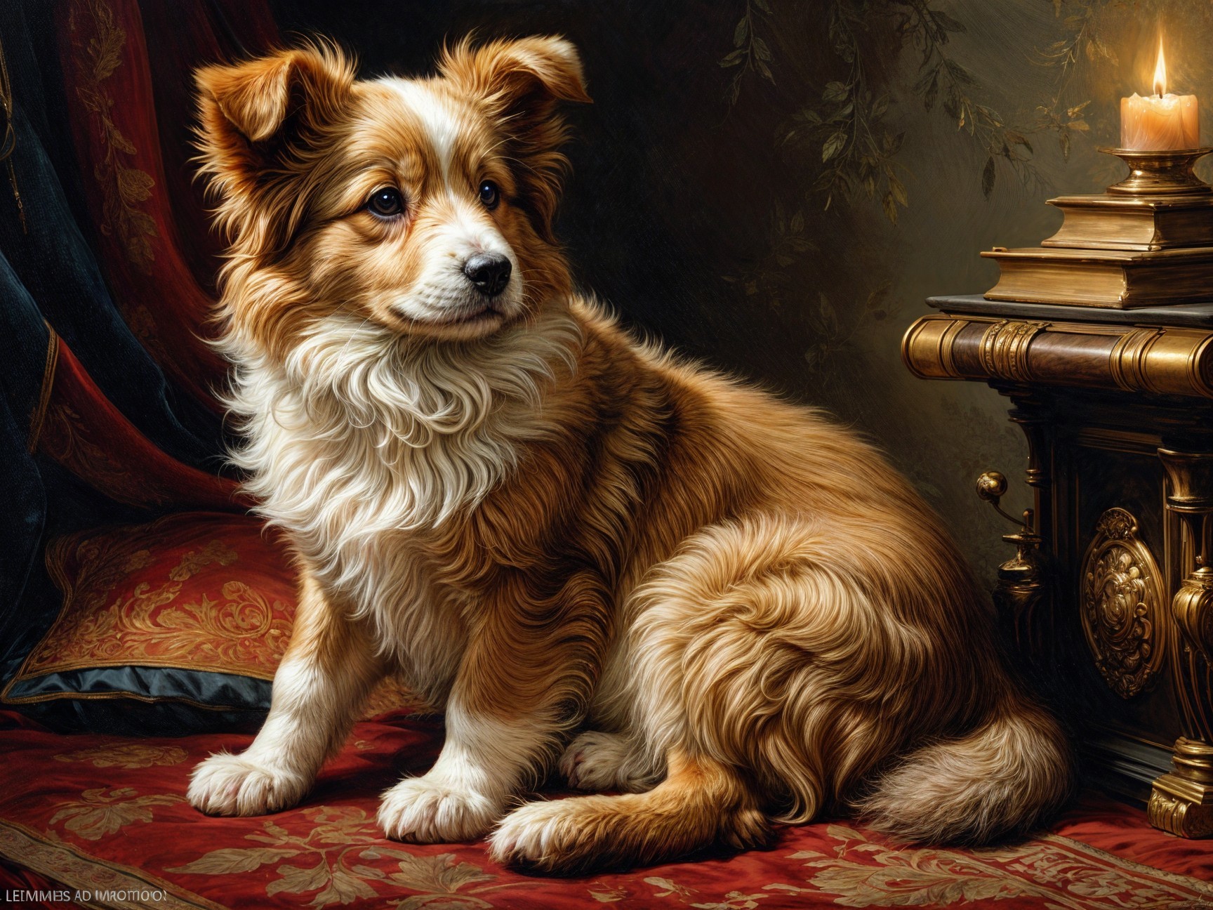 Fluffy Golden and White Dog Beside Ornate Table