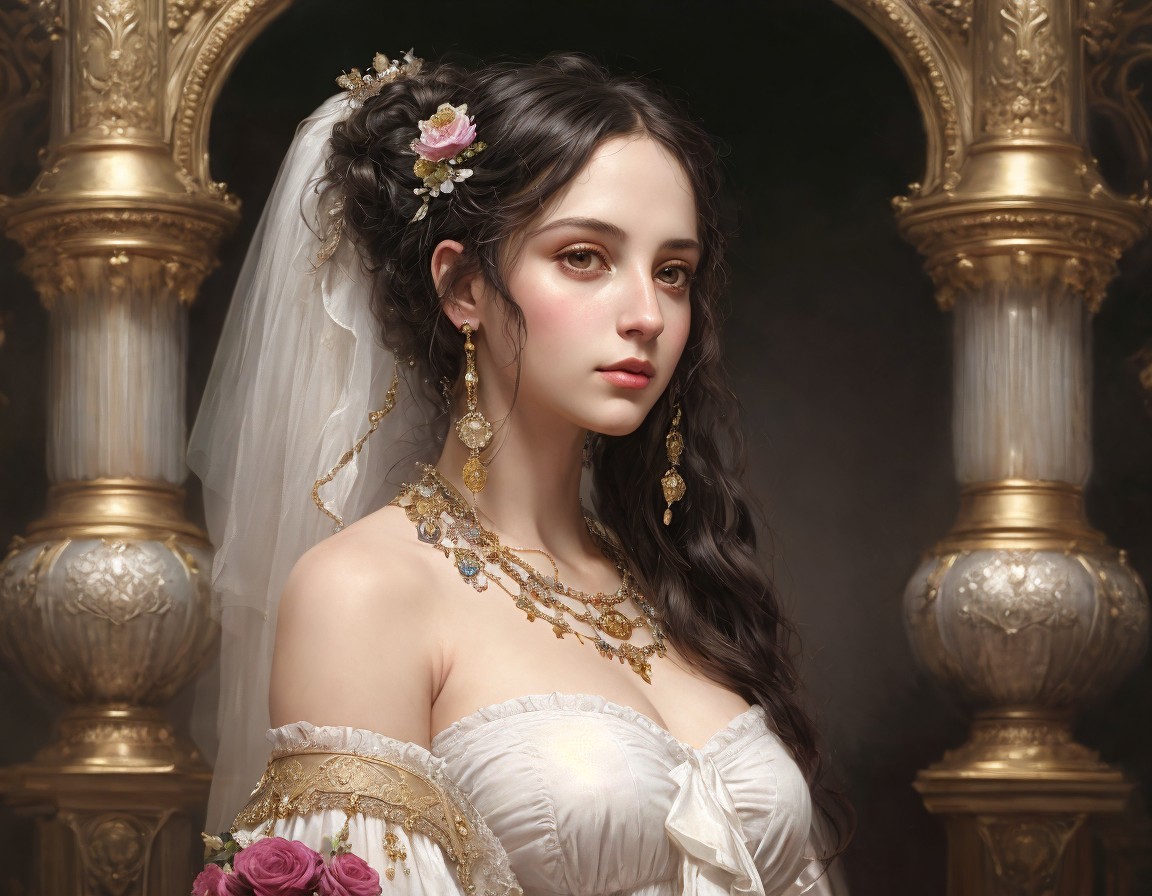 Young woman in gown with flowers and elegant jewelry