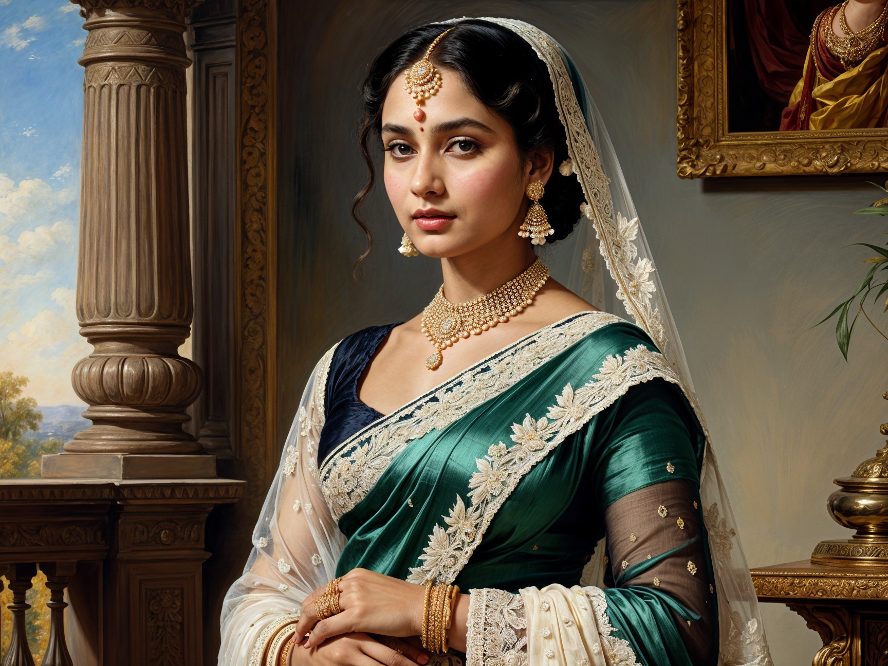 Elegant Woman in Green Saree with Intricate Jewelry