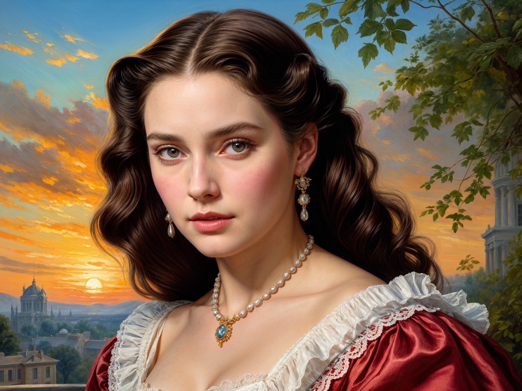 Young Woman in Elegant Red Gown Against Sunset Background