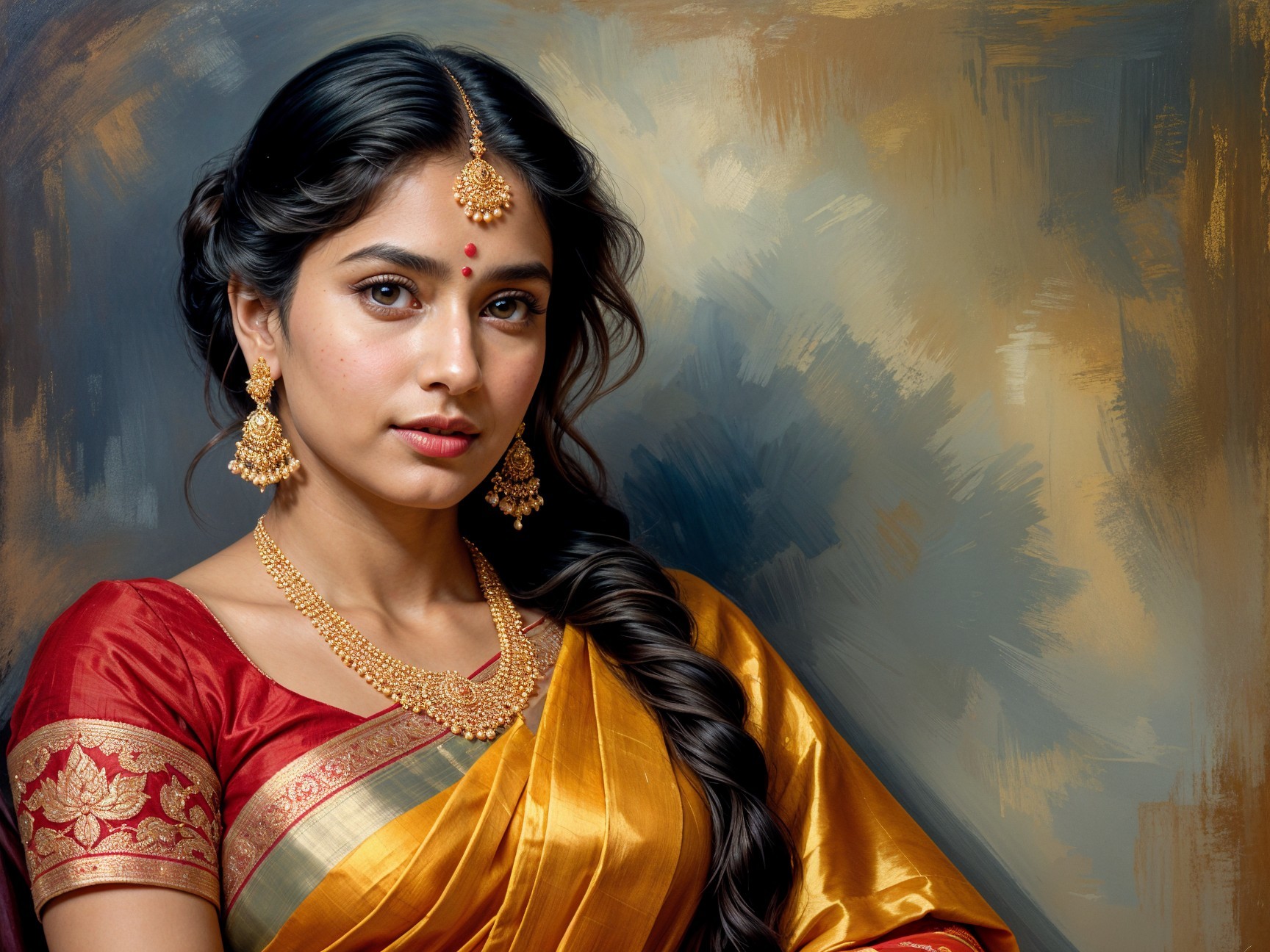 Elegant woman in golden saree with intricate jewelry