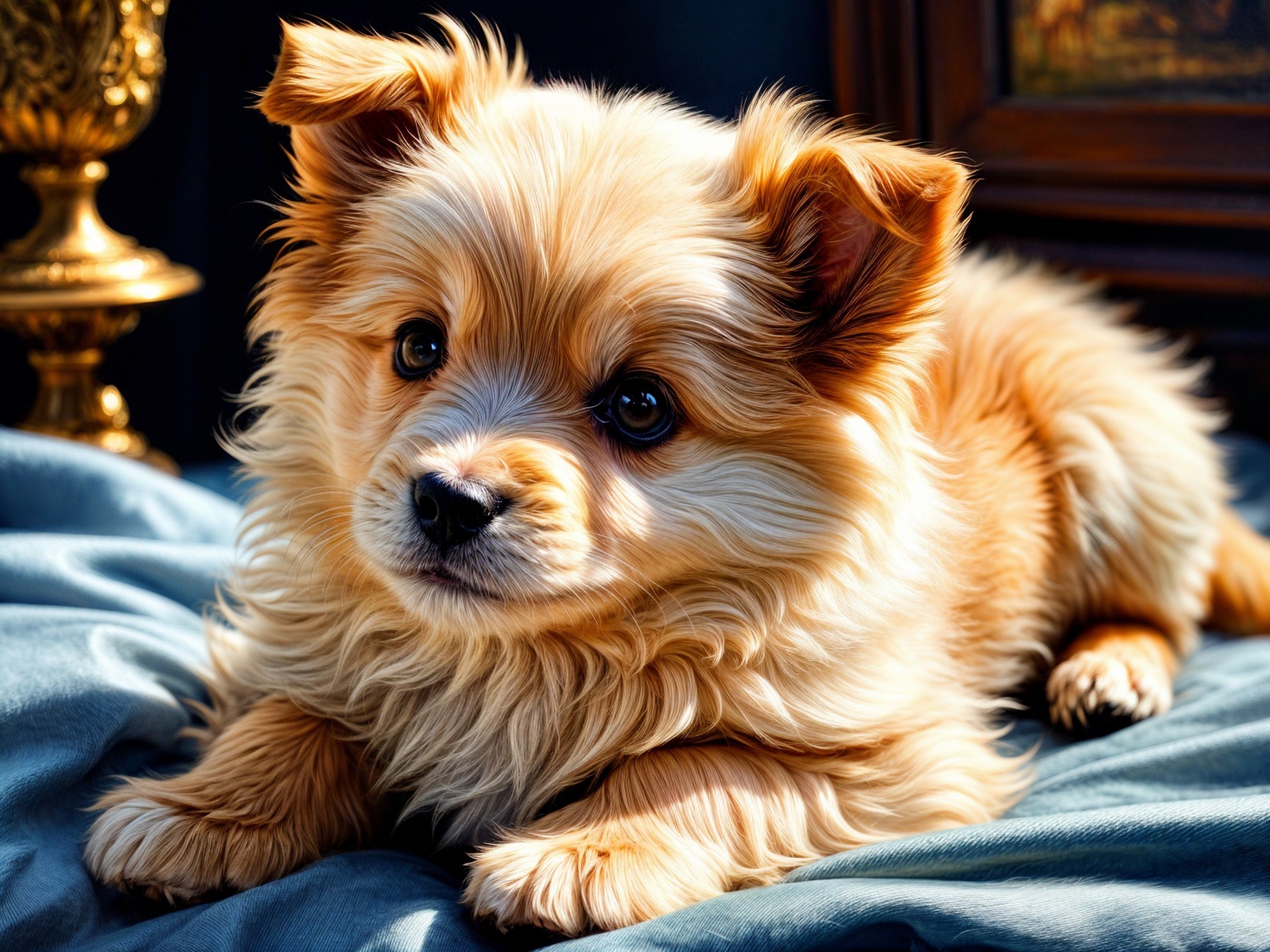 Fluffy Golden Pomeranian Puppy on Soft Blue Fabric
