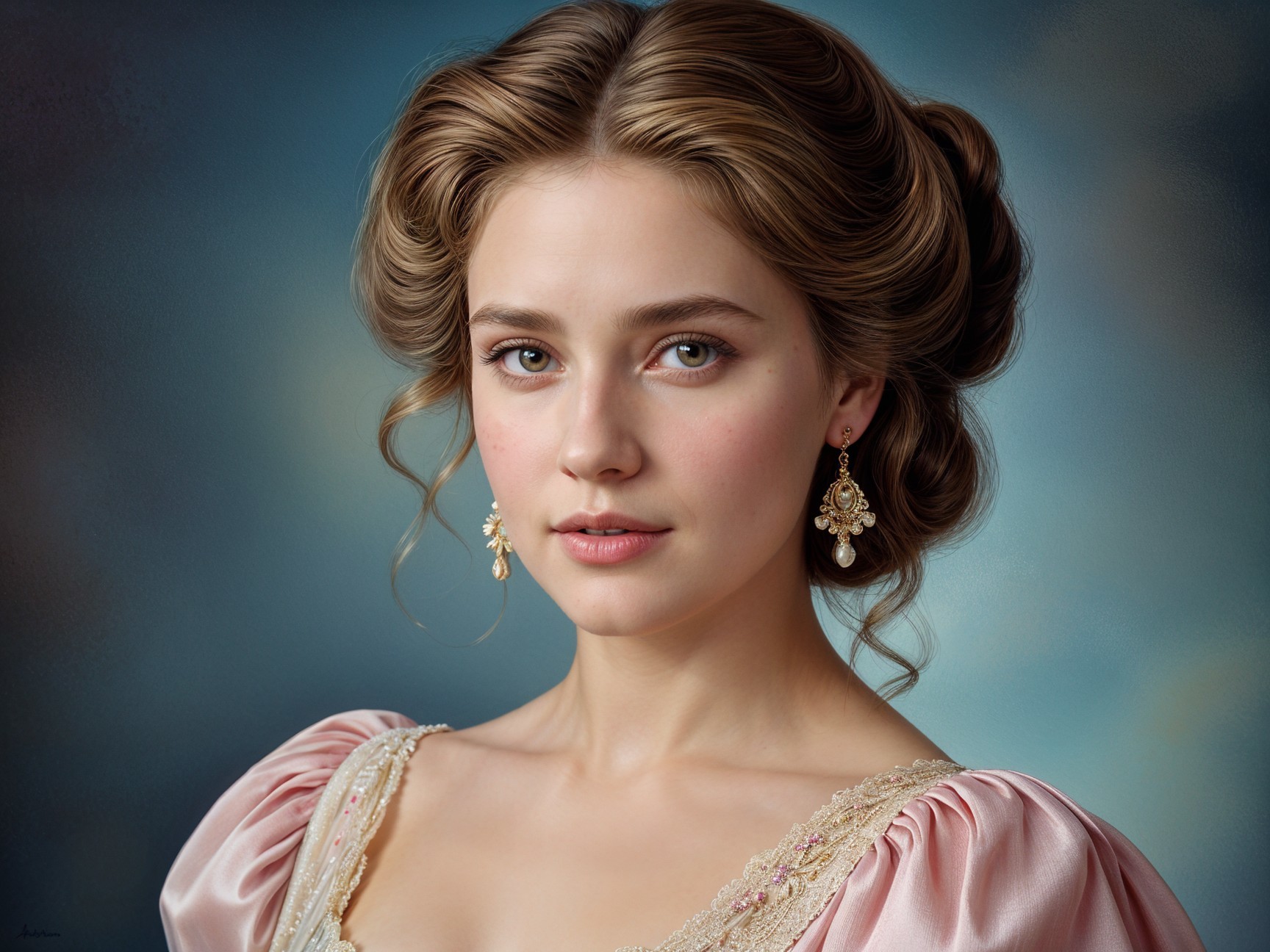 Elegant young woman in blush pink gown with curls