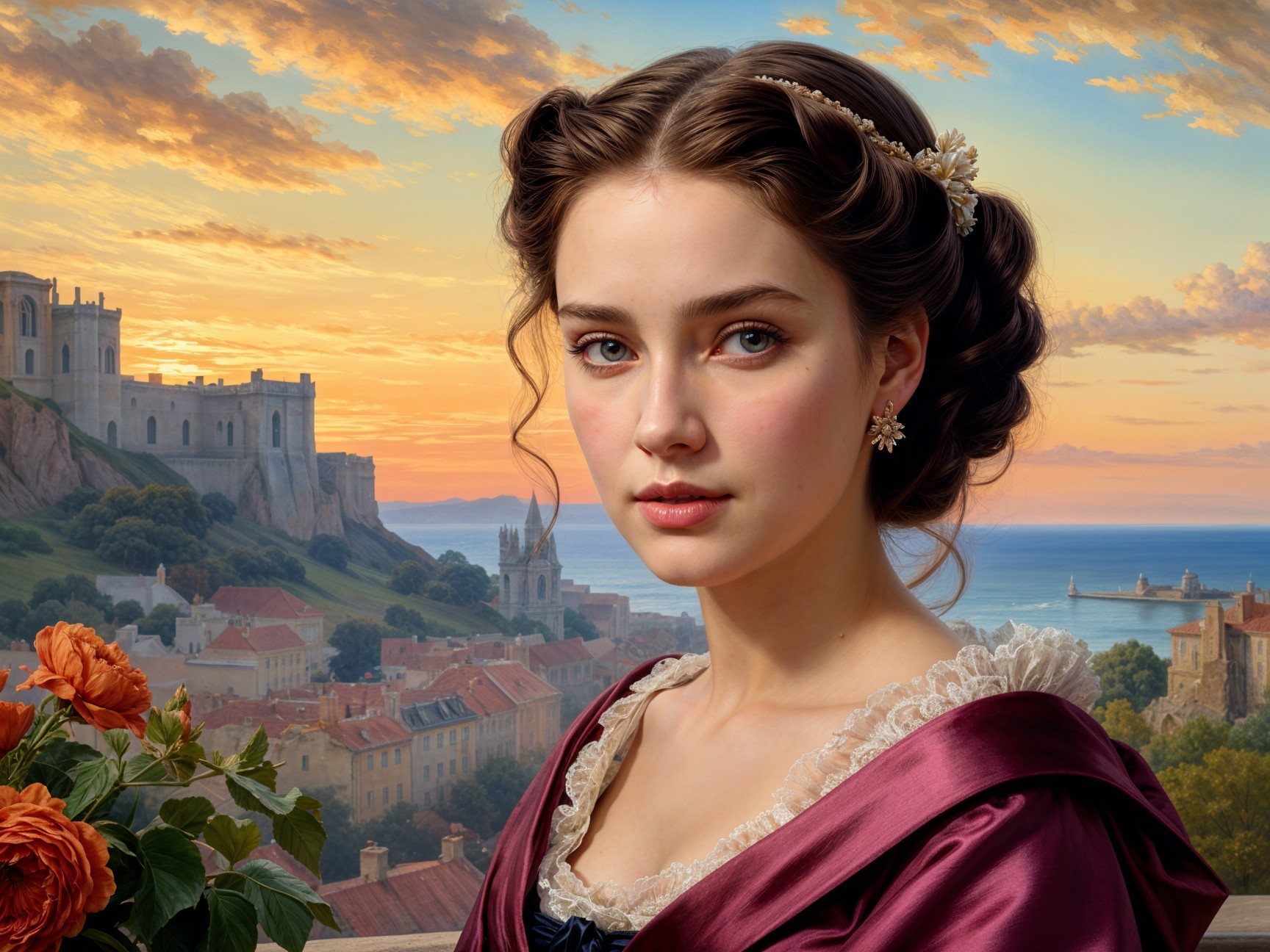 Young woman in purple dress against a scenic landscape