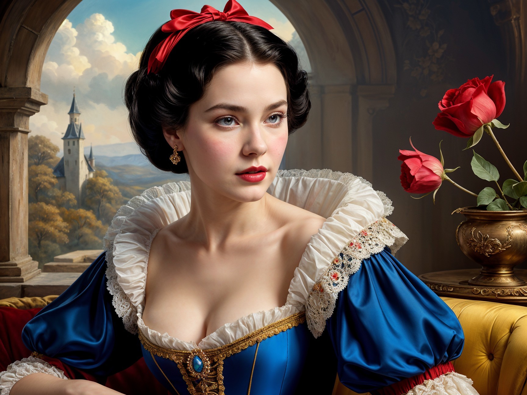 Young Woman in Fairytale-Inspired Blue Dress and Castle