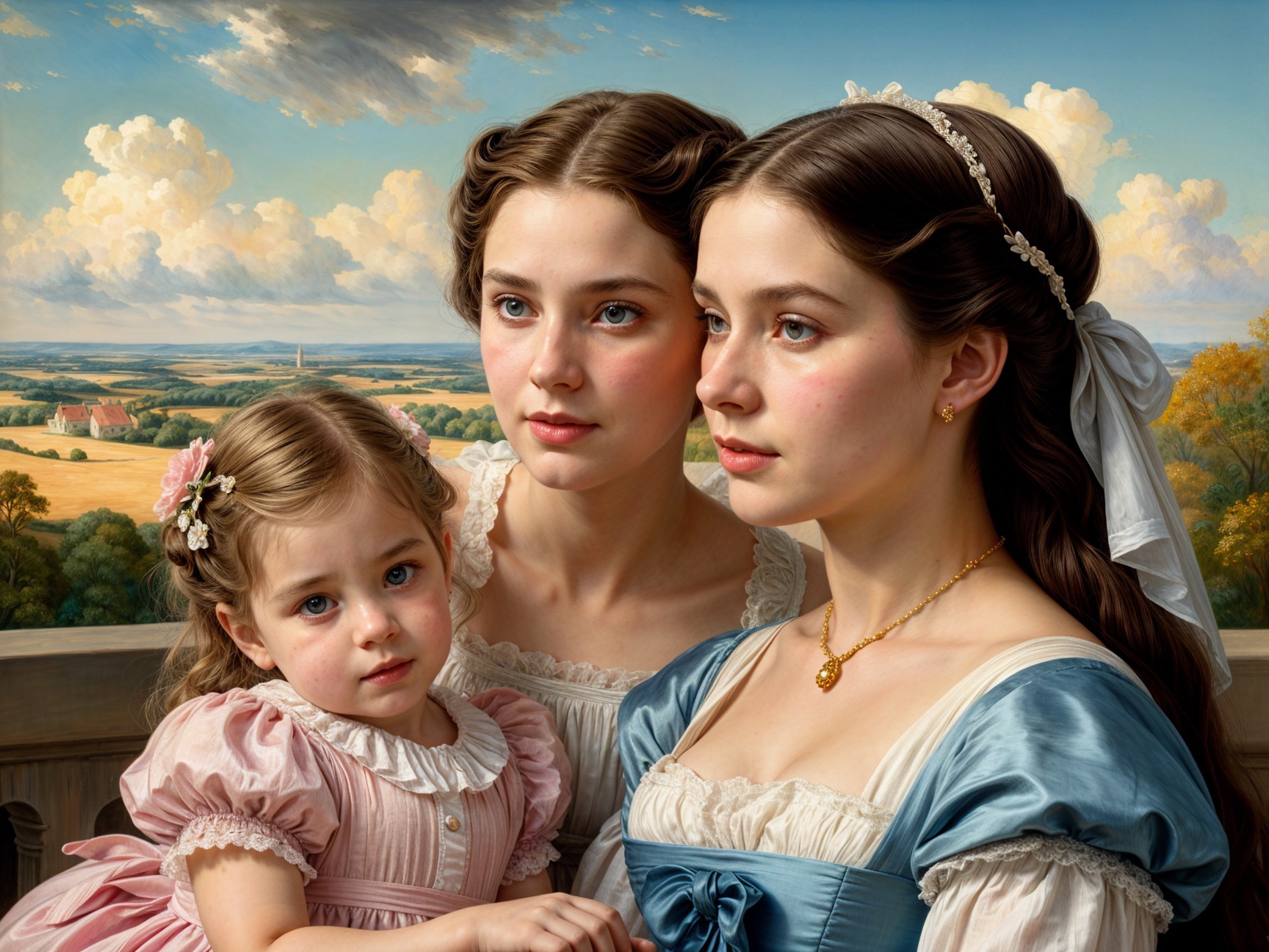 Three Women Posing in a Serene Landscape Painting