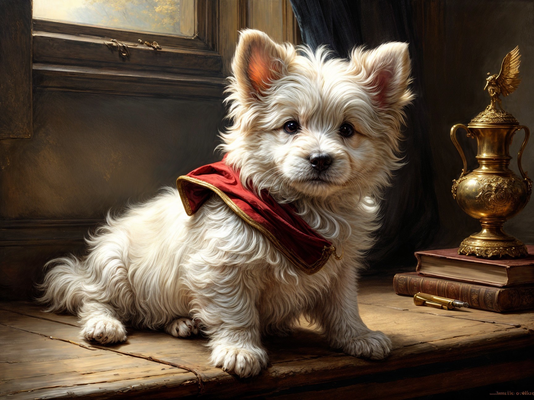 Fluffy White Dog with Red Cape on Wooden Table