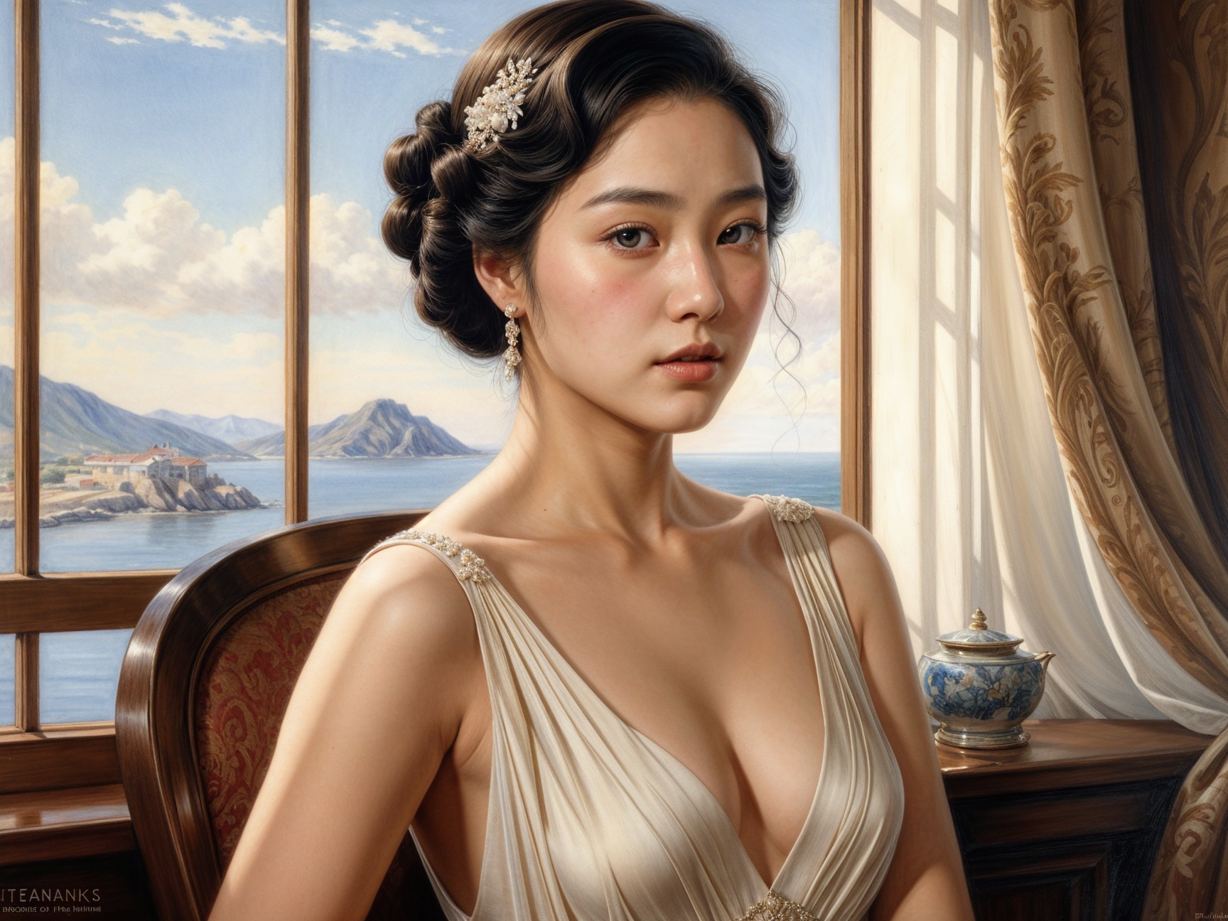 Young woman in elegant attire by seaside window