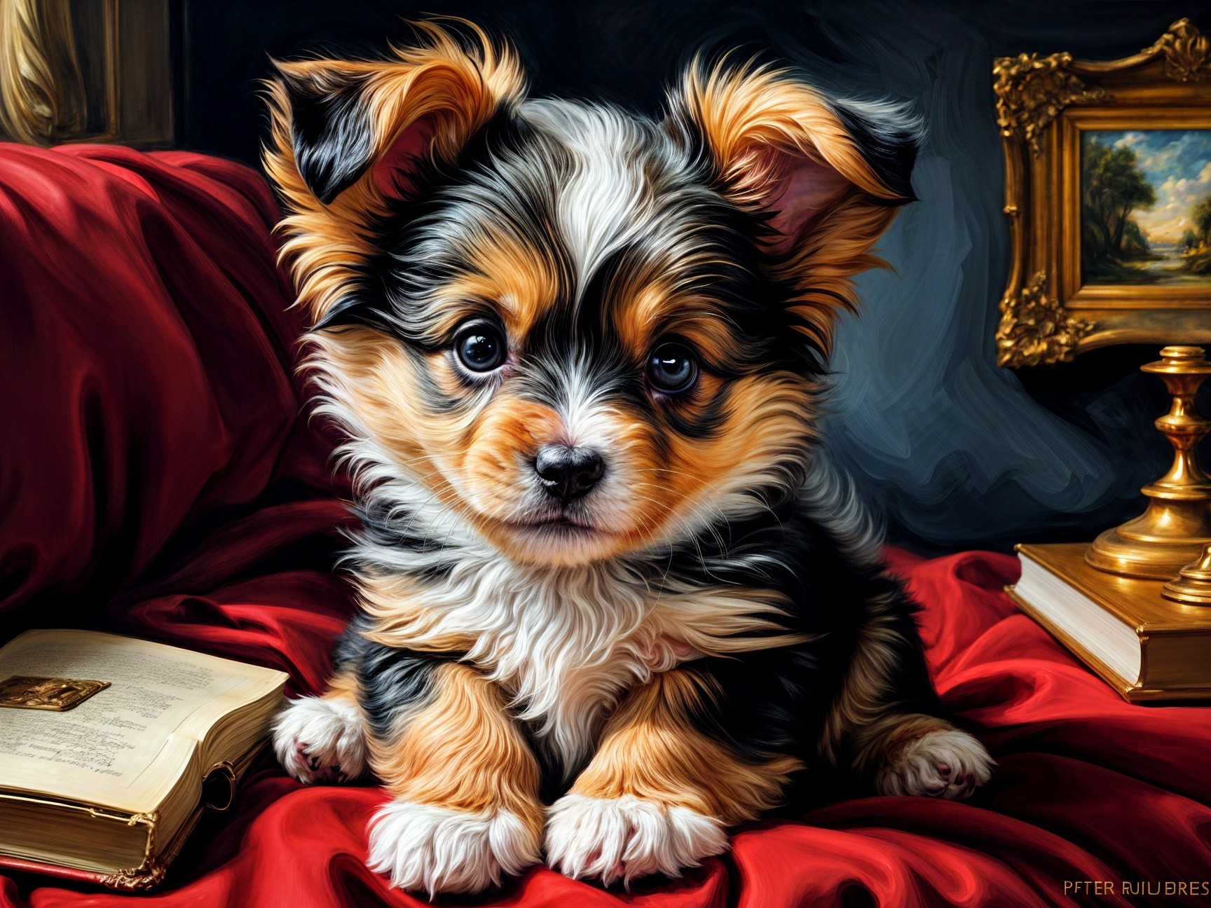 Fluffy Tricolor Puppy on Red Fabric with Book and Object