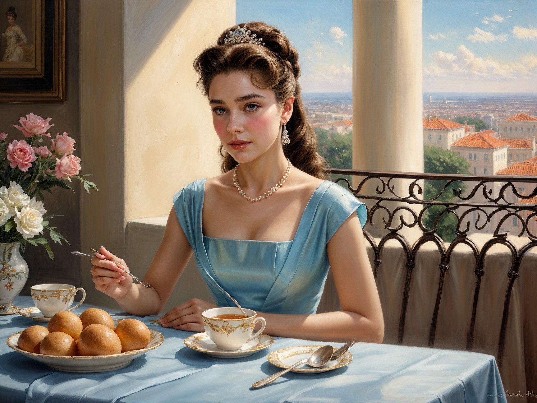 Elegant Room with Young Woman in Blue Gown and Tea Set