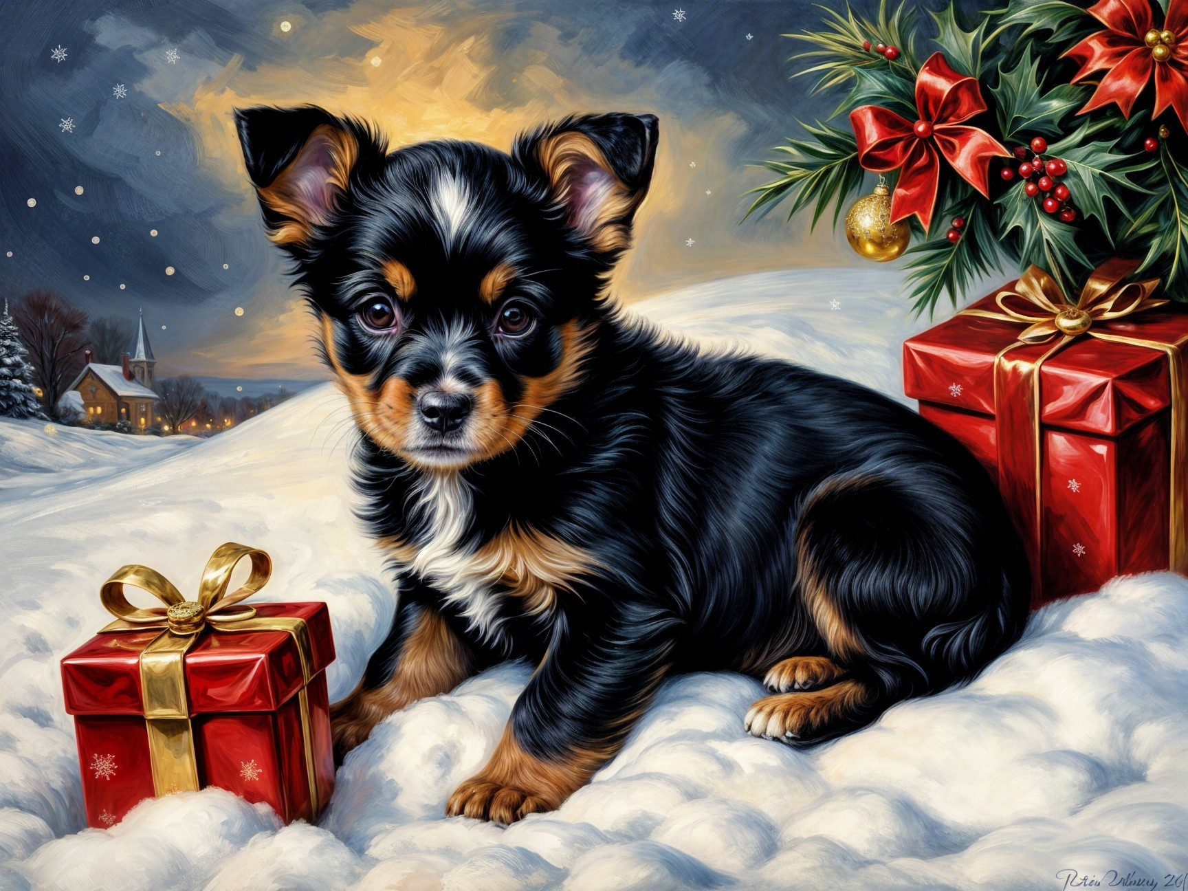Black and tan puppy in snowy festive village scene