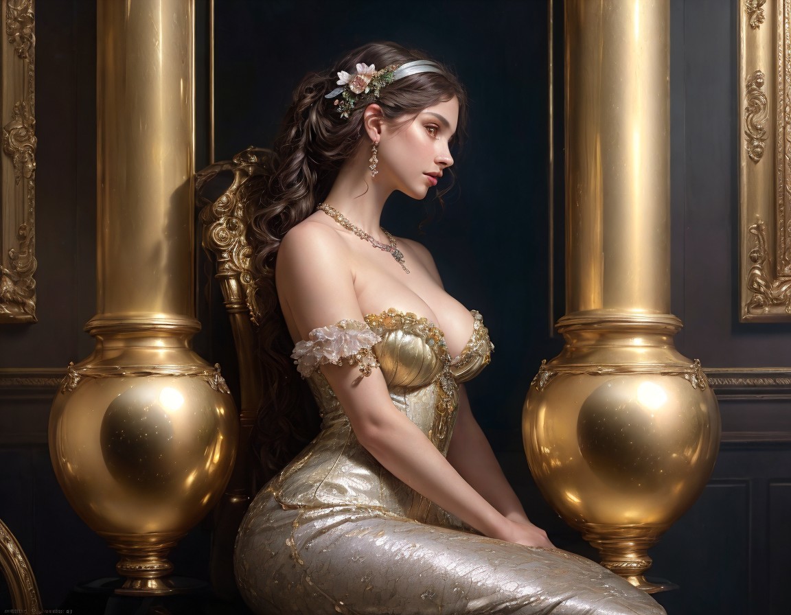 Regal woman in golden dress with floral hair accessories beside ornate pillars