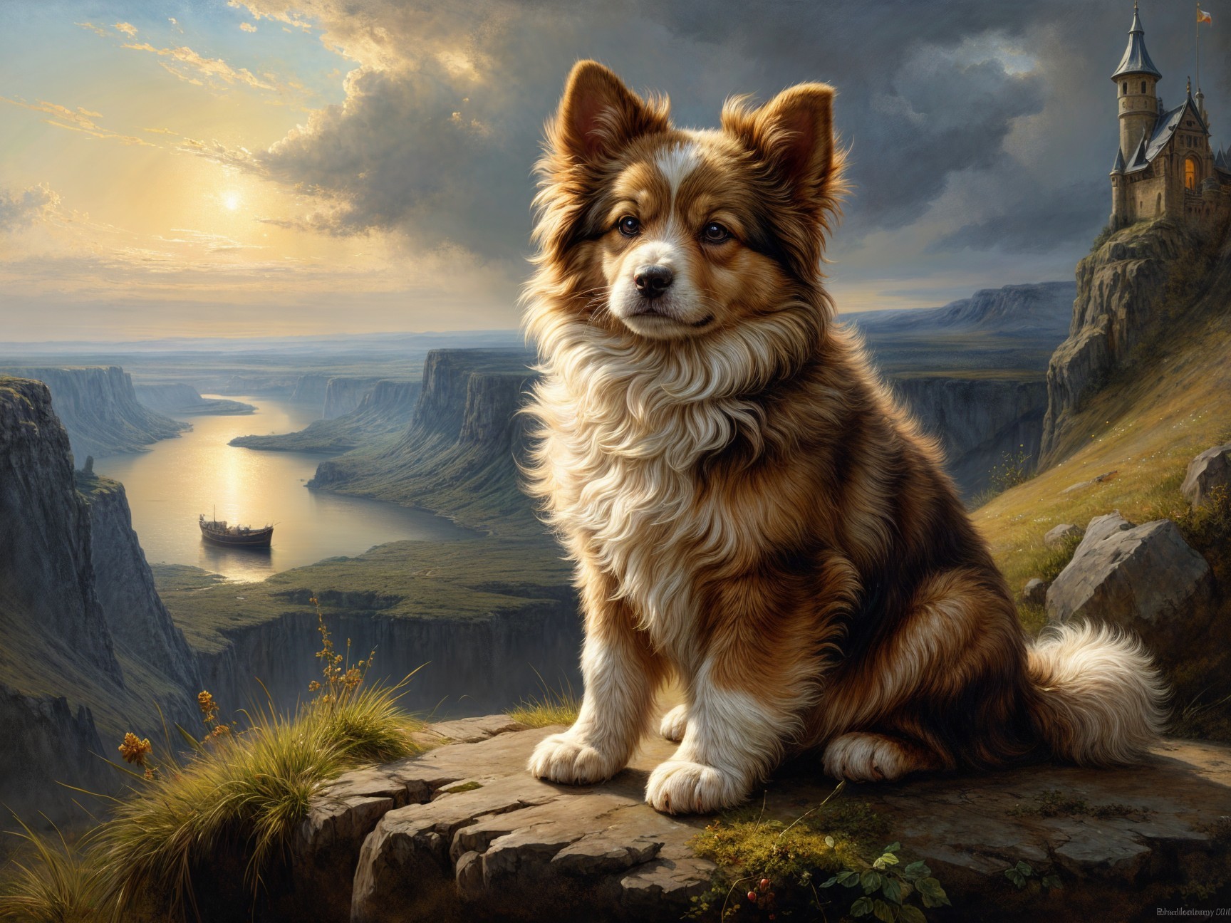 Majestic Landscape with Dog and Castle at Sunset