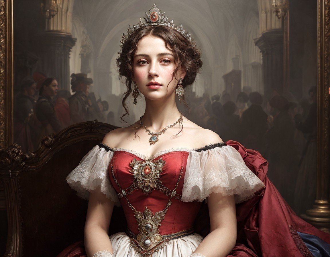 Regal woman in red and gold gown with tiara in courtly setting.