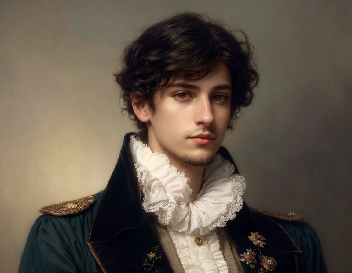 Young man in elegant outfit with ruffled collar