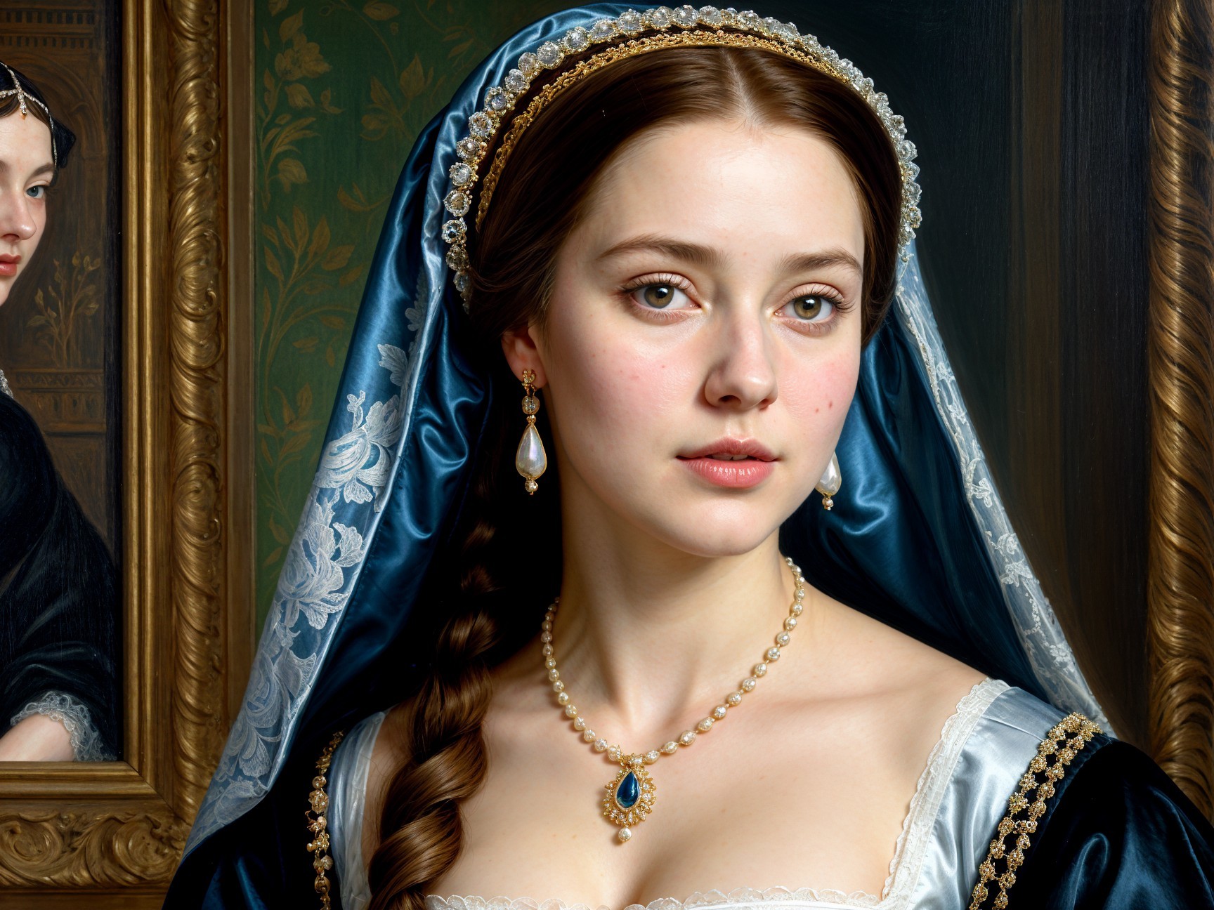 Young Woman in Elegant Blue and White Gown Portrait