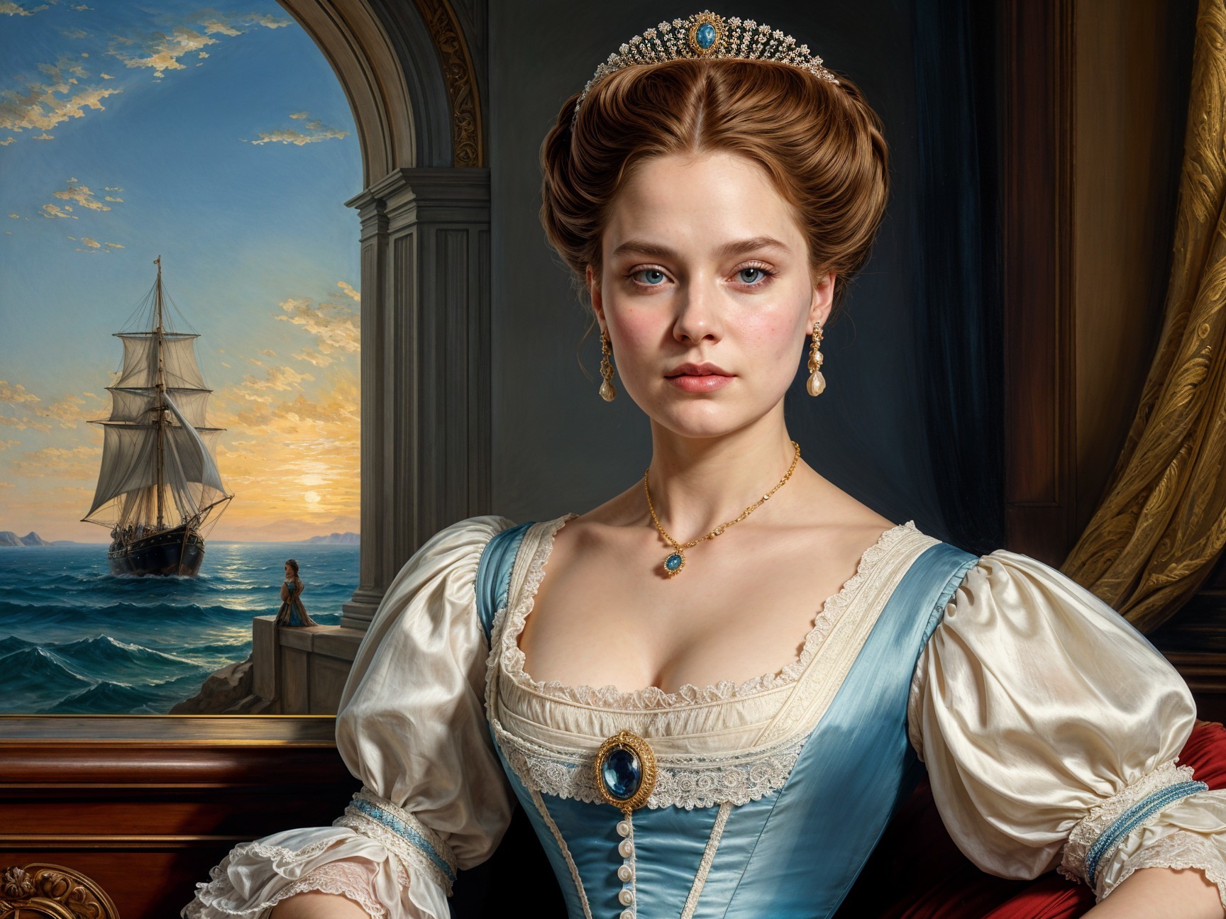 Elegant Woman in Historical Gown by Seascape Sunset