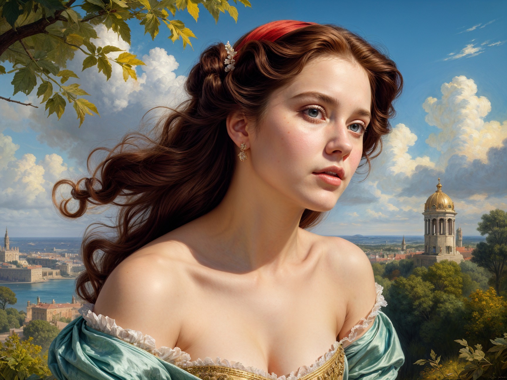 Young woman in elegant gown against serene landscape