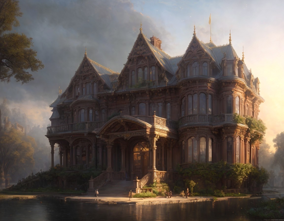 Intricately Designed Mansion by Serene Water Body