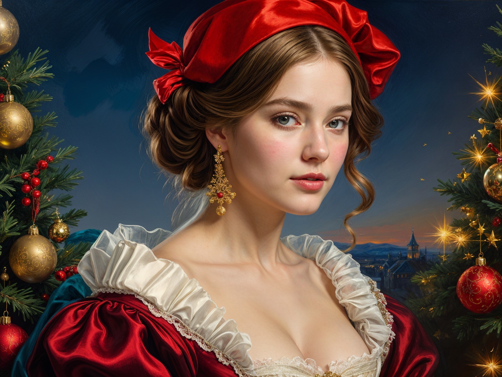 Young woman in festive red dress among Christmas trees