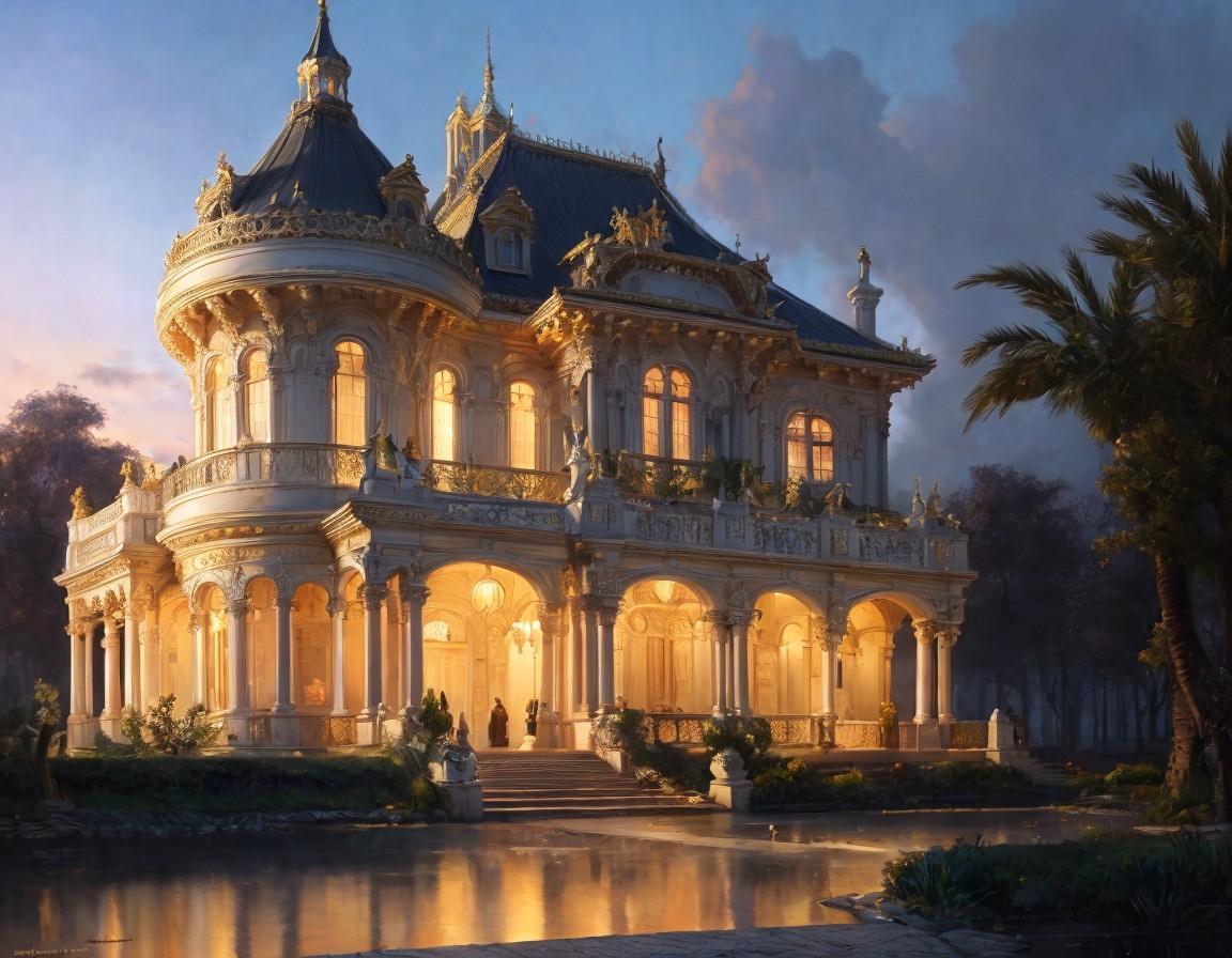 Ornate Grand Mansion Surrounded by Lush Greenery