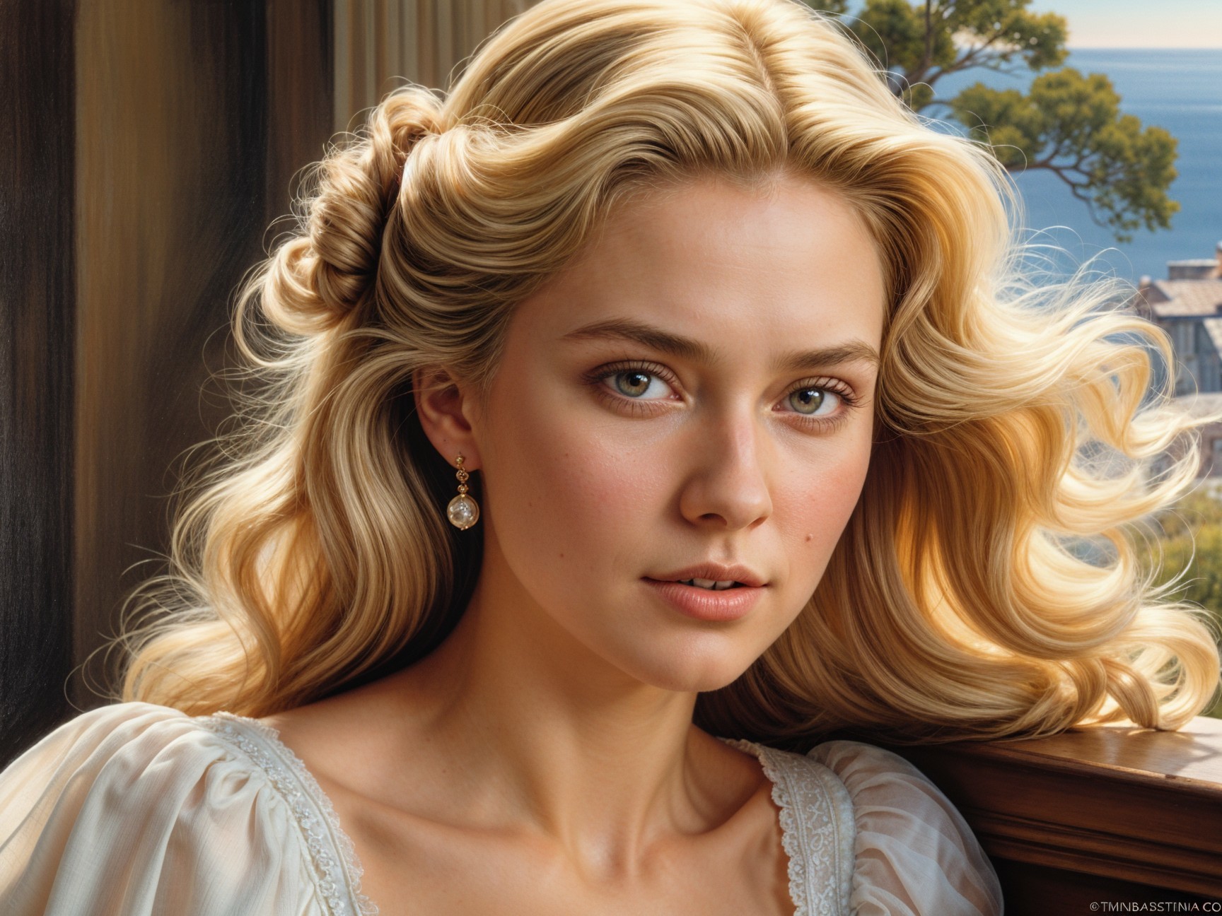 Young Woman Gazing from Sunlit Window with Coastal View