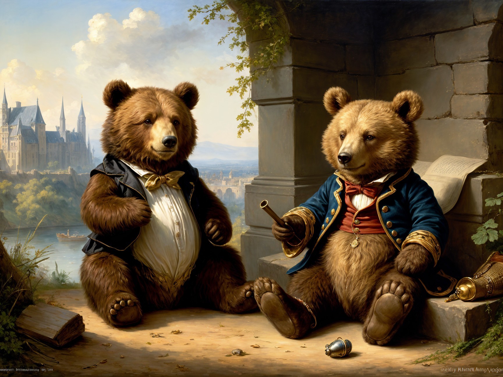 Charming Bears in Elegant Attire with Fantasy Landscape