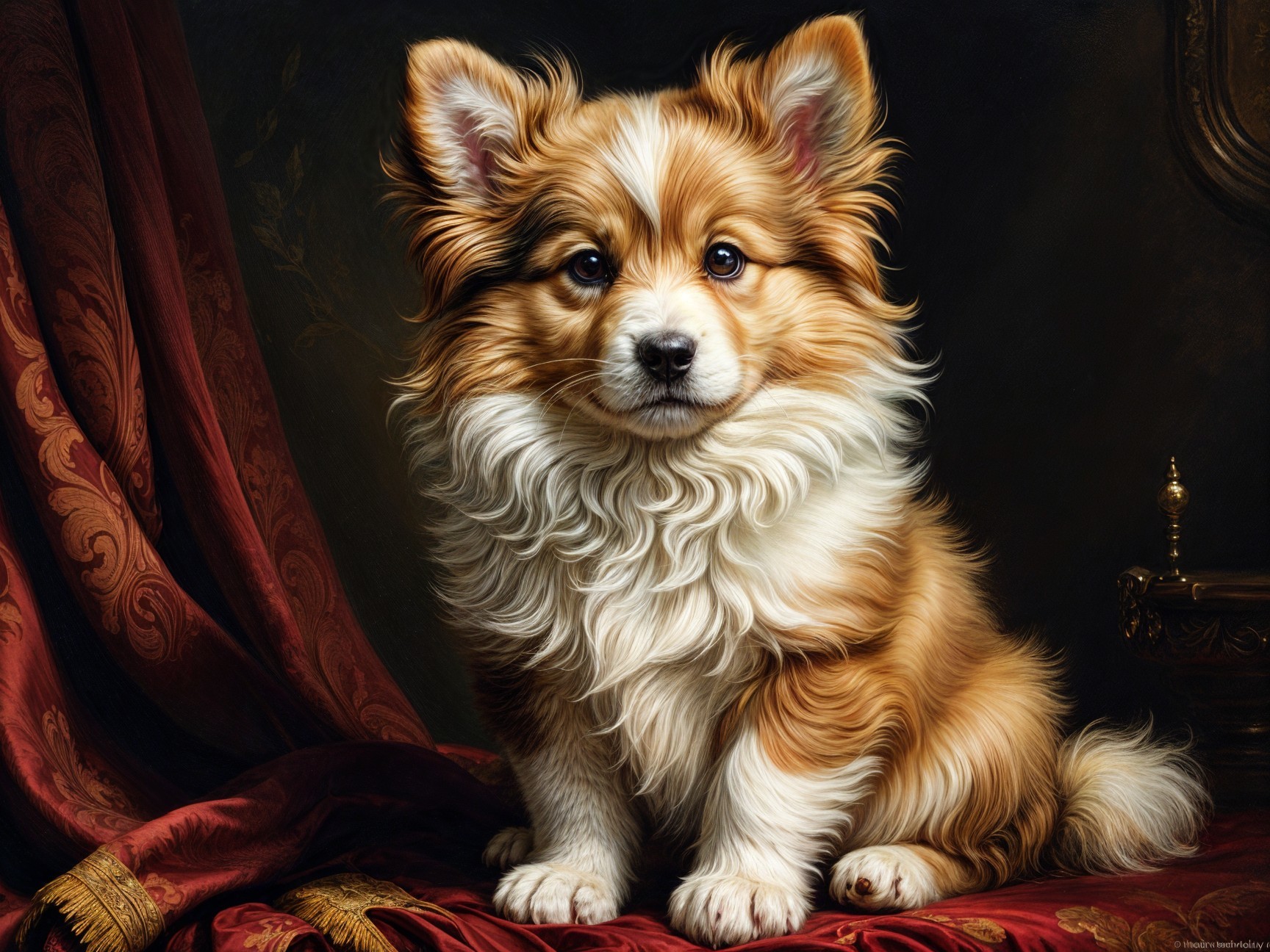 Fluffy Puppy on Luxurious Red Draped Surface