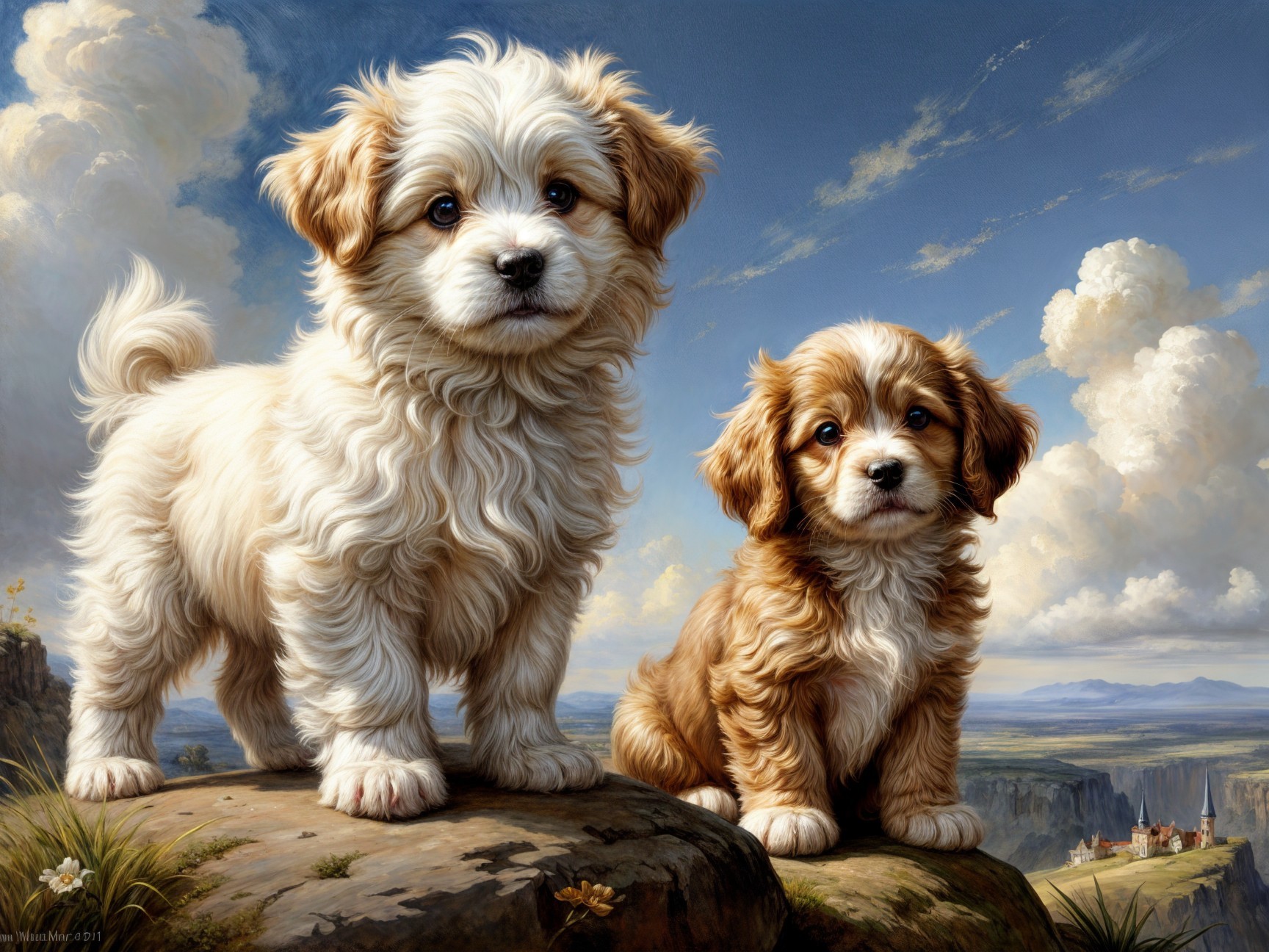 Fluffy Puppies on Rocky Ledge Under Blue Sky
