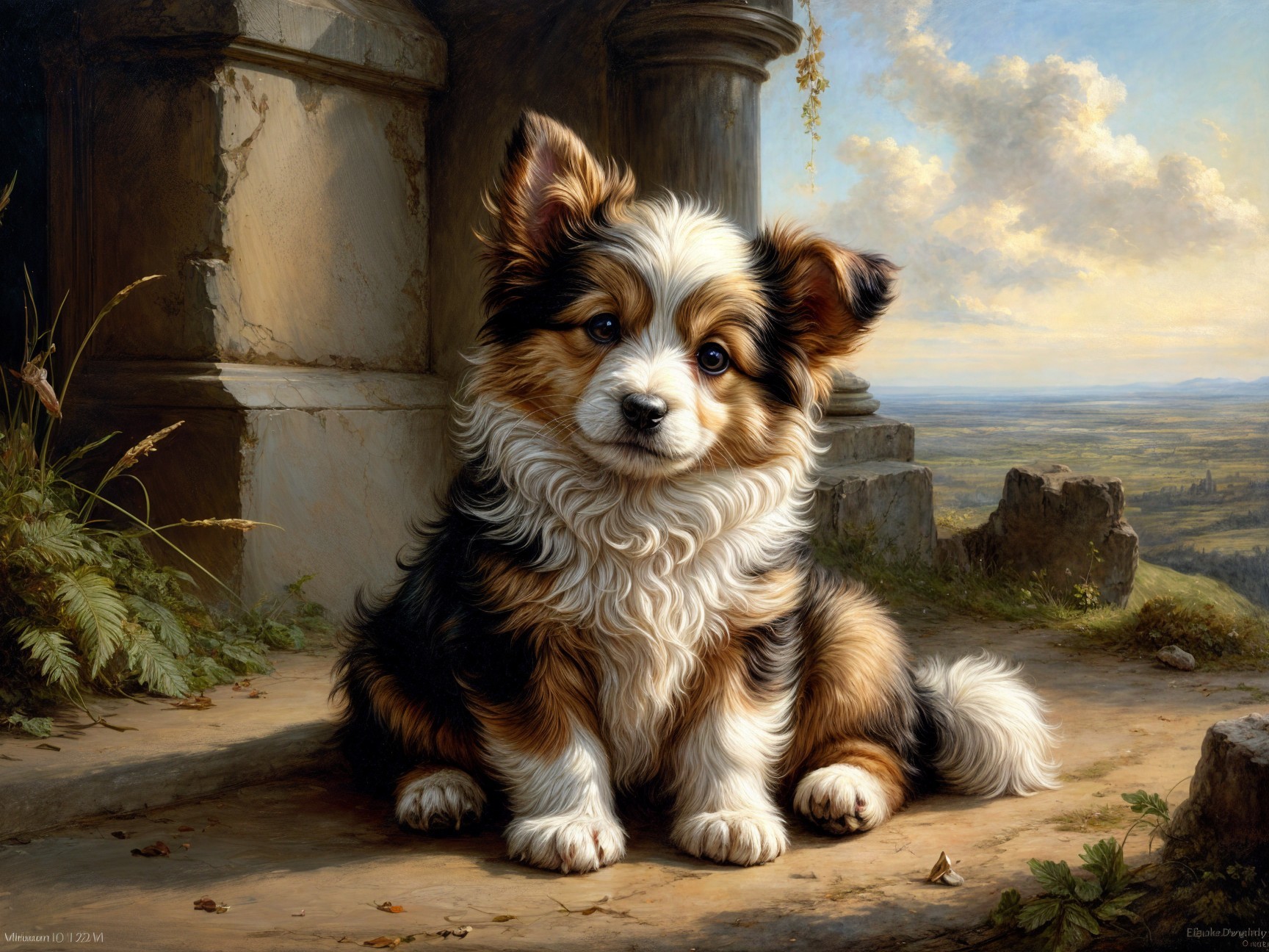 Corgi Puppy on Stone Ledge in Scenic Landscape