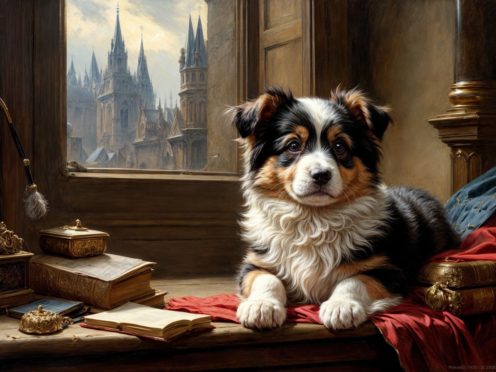 Fluffy Puppy on Red Velvet in Ornate Setting