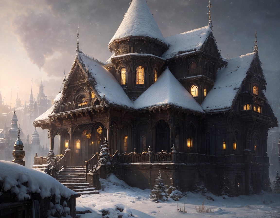 Ornate Wooden Mansion in Snowy Twilight Landscape