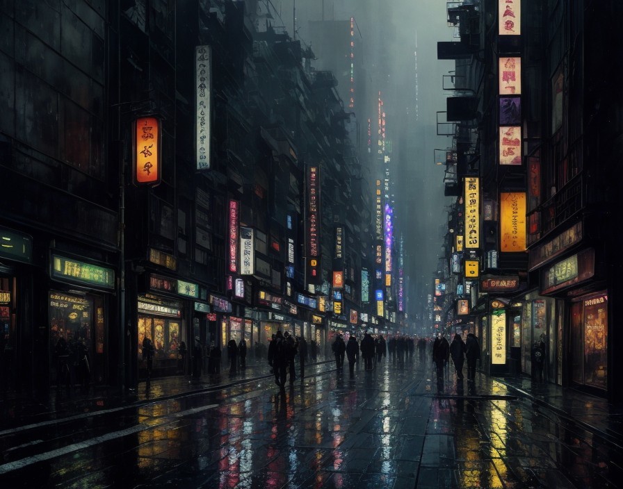 Nighttime urban street scene with rain, neon lights, and silhouetted pedestrians